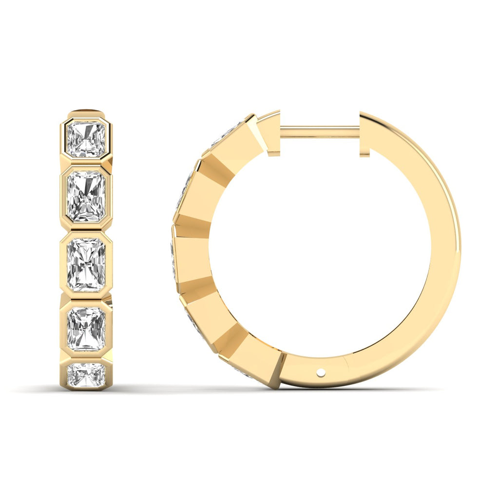 Stunning Radiant Cut Hoops Diamond Earrings featuring sparkling radiant-cut diamonds set in a sleek hoop design, offering a bold and sophisticated look | Yellow Gold | Front + Side View