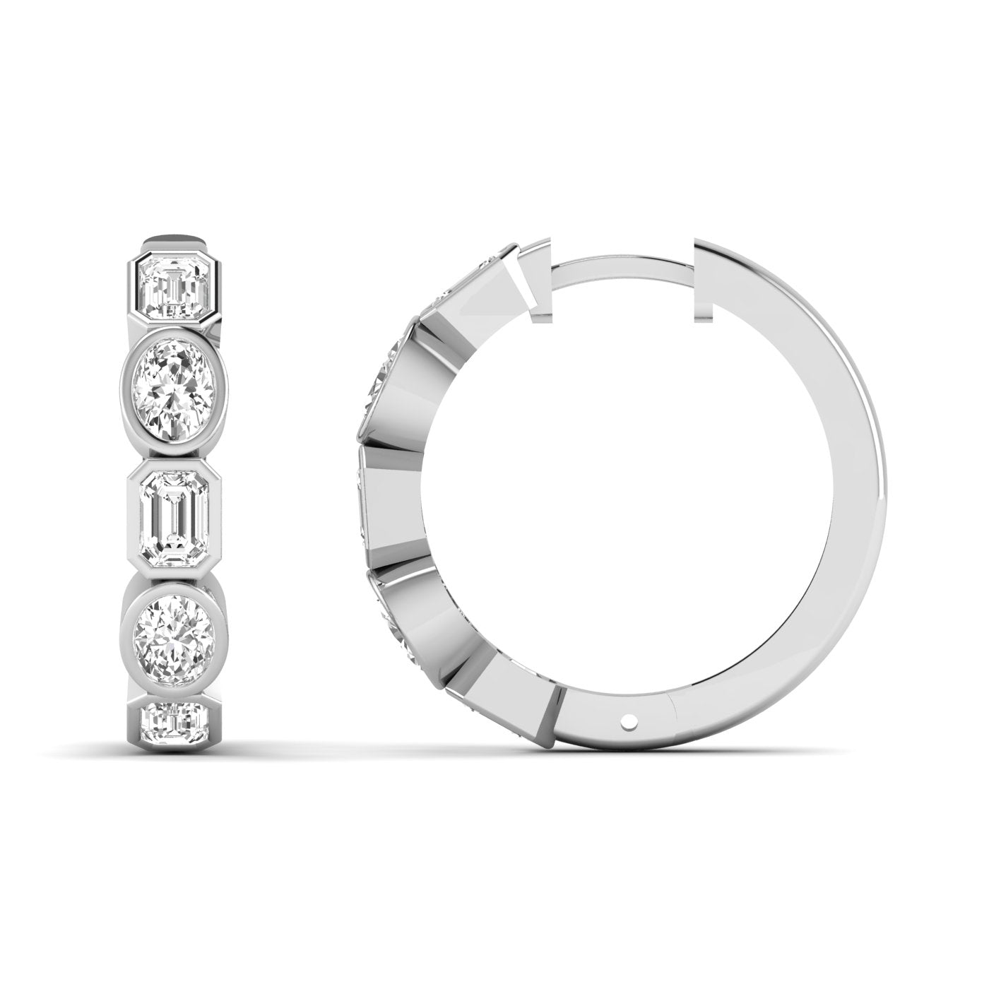 Elegant emerald cut and oval diamond hoop earrings featuring a mix of stunning emerald-cut and oval diamonds, set in high-quality metal for a sophisticated look | White Gold | Front + Side View