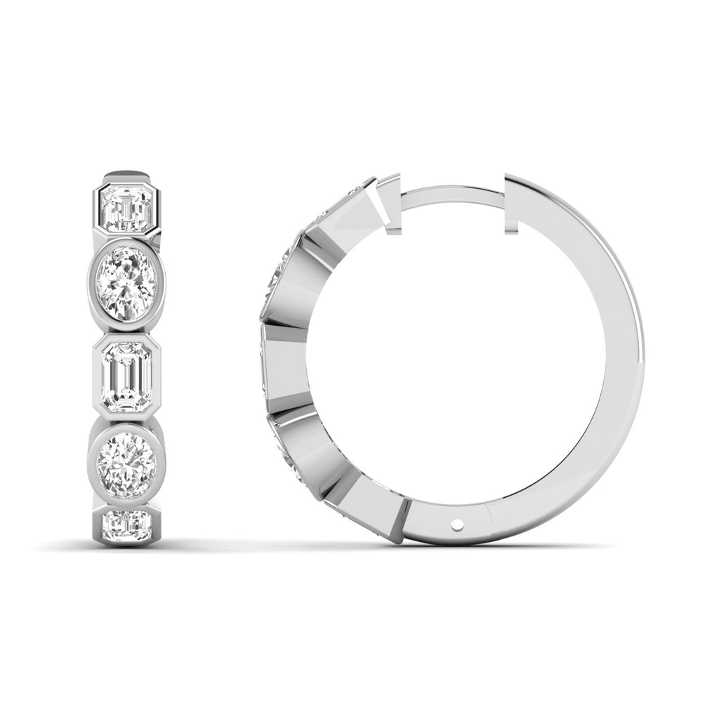 Elegant emerald cut and oval diamond hoop earrings featuring a mix of stunning emerald-cut and oval diamonds, set in high-quality metal for a sophisticated look | White Gold | Front + Side View