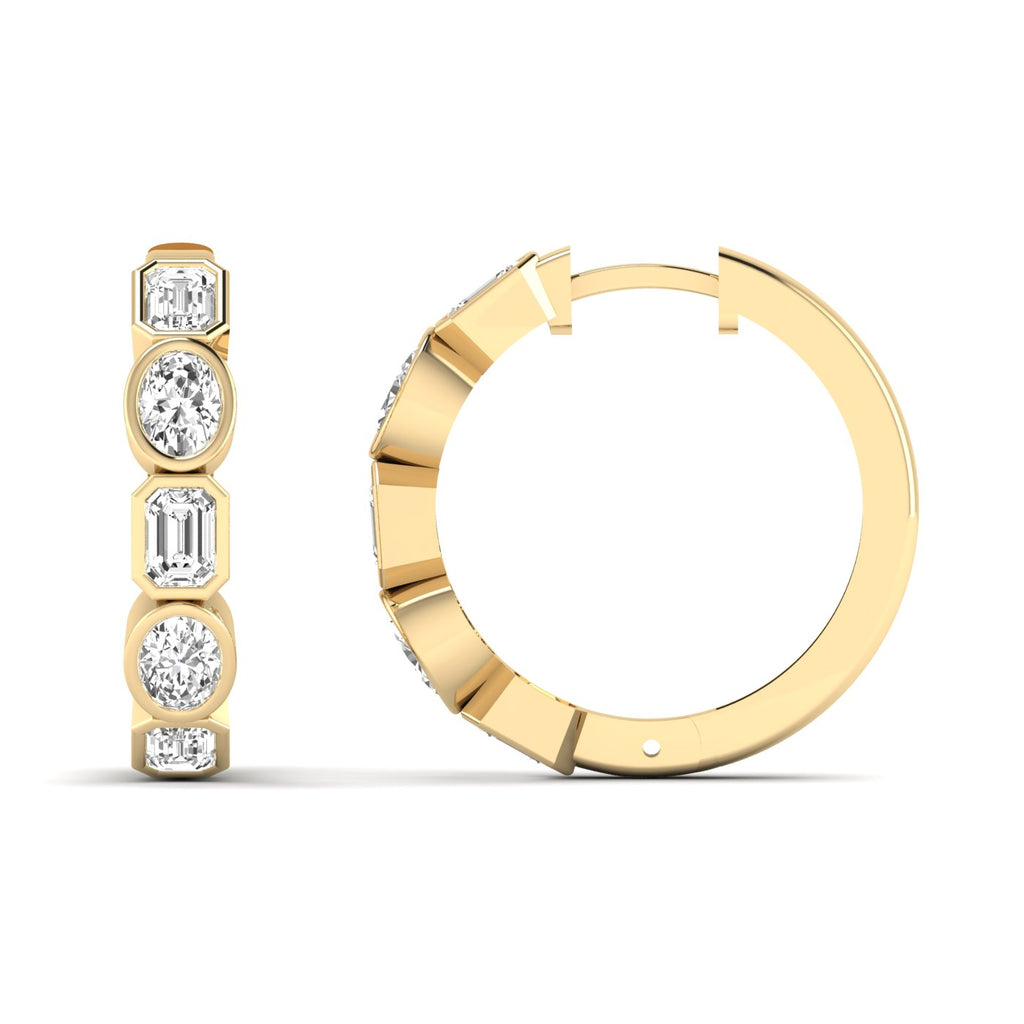 Elegant emerald cut and oval diamond hoop earrings featuring a mix of stunning emerald-cut and oval diamonds, set in high-quality metal for a sophisticated look | Yellow Gold | Front + Side View