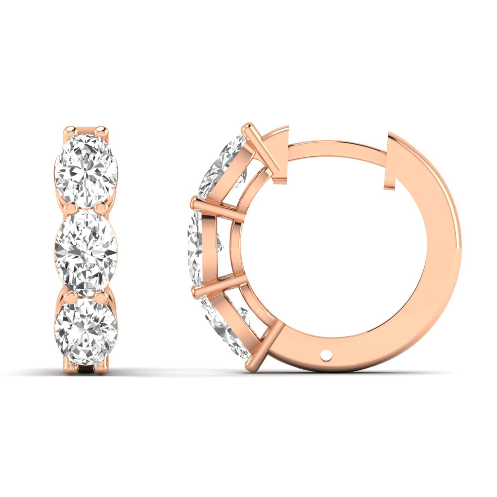 Stunning large oval shared prong diamond earrings featuring radiant oval diamonds set in sleek shared prong settings, offering an elegant and timeless look | Rose Gold | Front + Side View