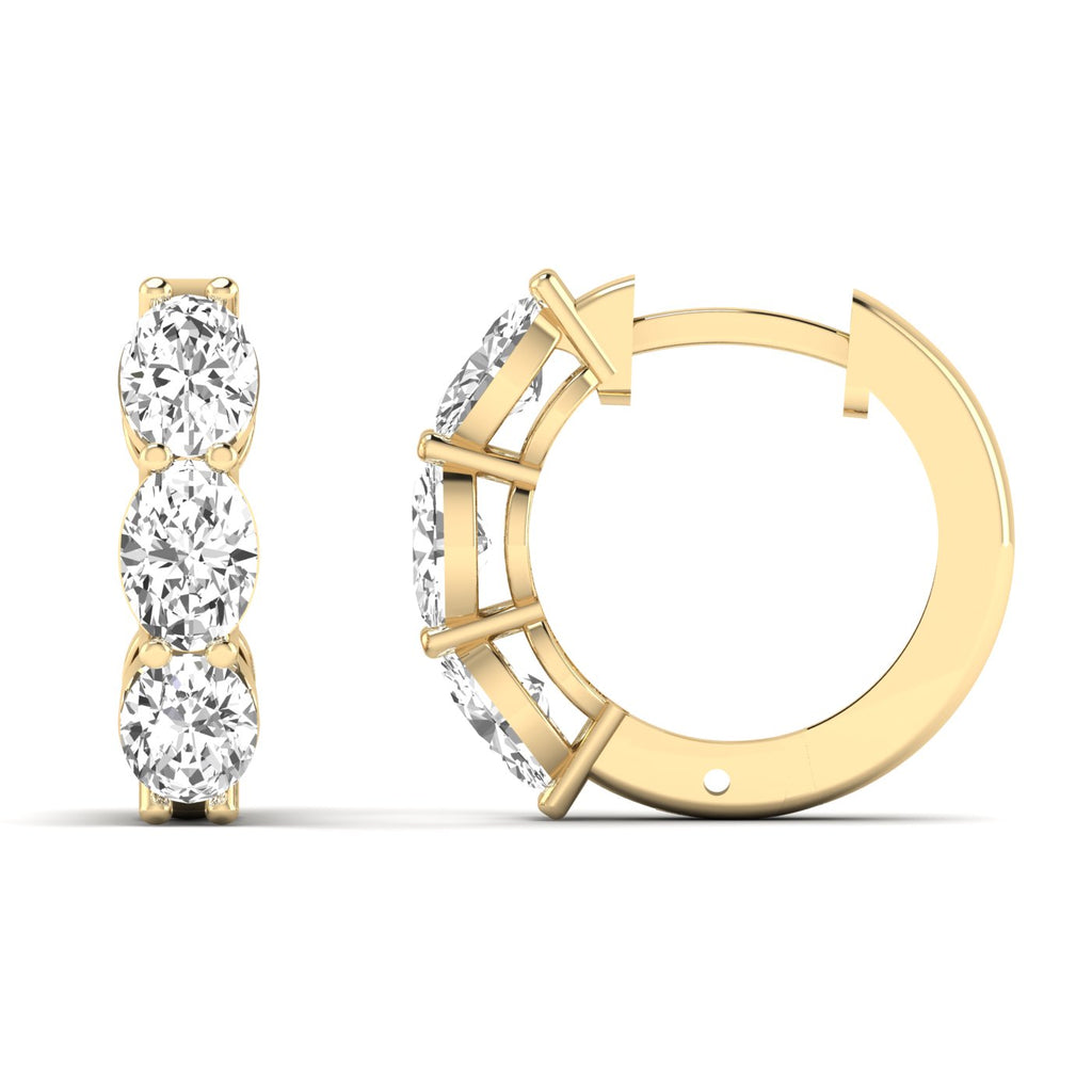 Stunning large oval shared prong diamond earrings featuring radiant oval diamonds set in sleek shared prong settings, offering an elegant and timeless look | Yellow Gold | Front + Side View