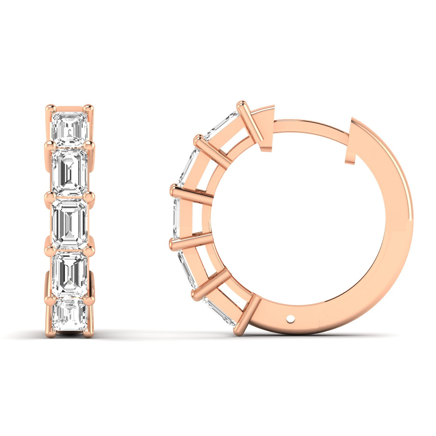 Elegant emerald cut diamond hoop earrings featuring sparkling emerald-cut diamonds set in a sleek metal frame, offering a sophisticated and timeless design | Rose Gold | Front + Side View