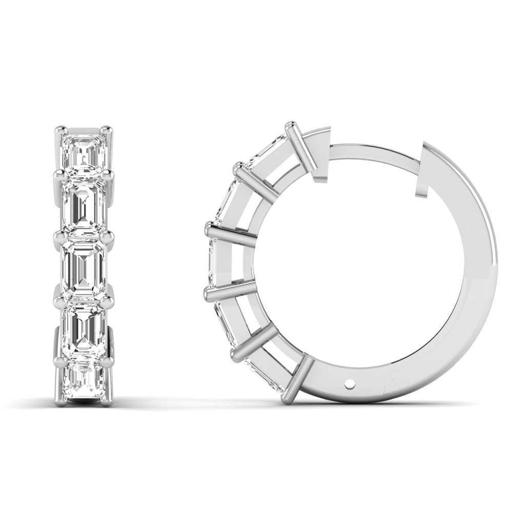 Elegant emerald cut diamond hoop earrings featuring sparkling emerald-cut diamonds set in a sleek metal frame, offering a sophisticated and timeless design | White Gold | Front + Side View