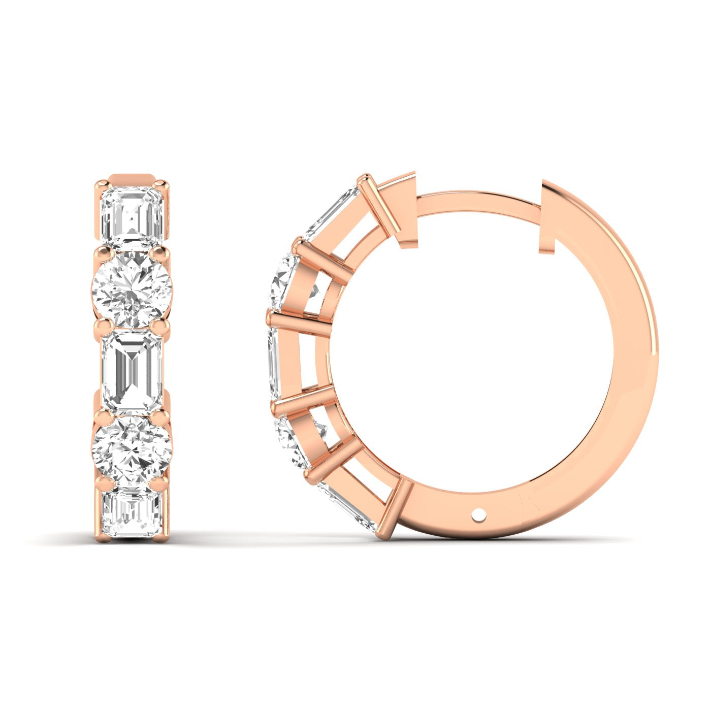 Stylish emerald cut and round shared prong hoop earrings featuring a stunning combination of emerald-cut and round diamonds, set in a sleek prong setting | Rose Gold | Front + Side View