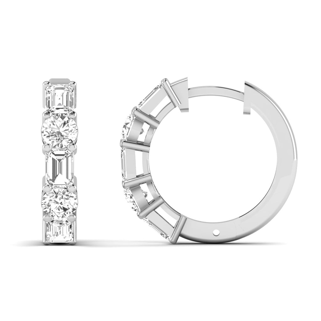 Stylish emerald cut and round shared prong hoop earrings featuring a stunning combination of emerald-cut and round diamonds, set in a sleek prong setting | White Gold | Front + Side View