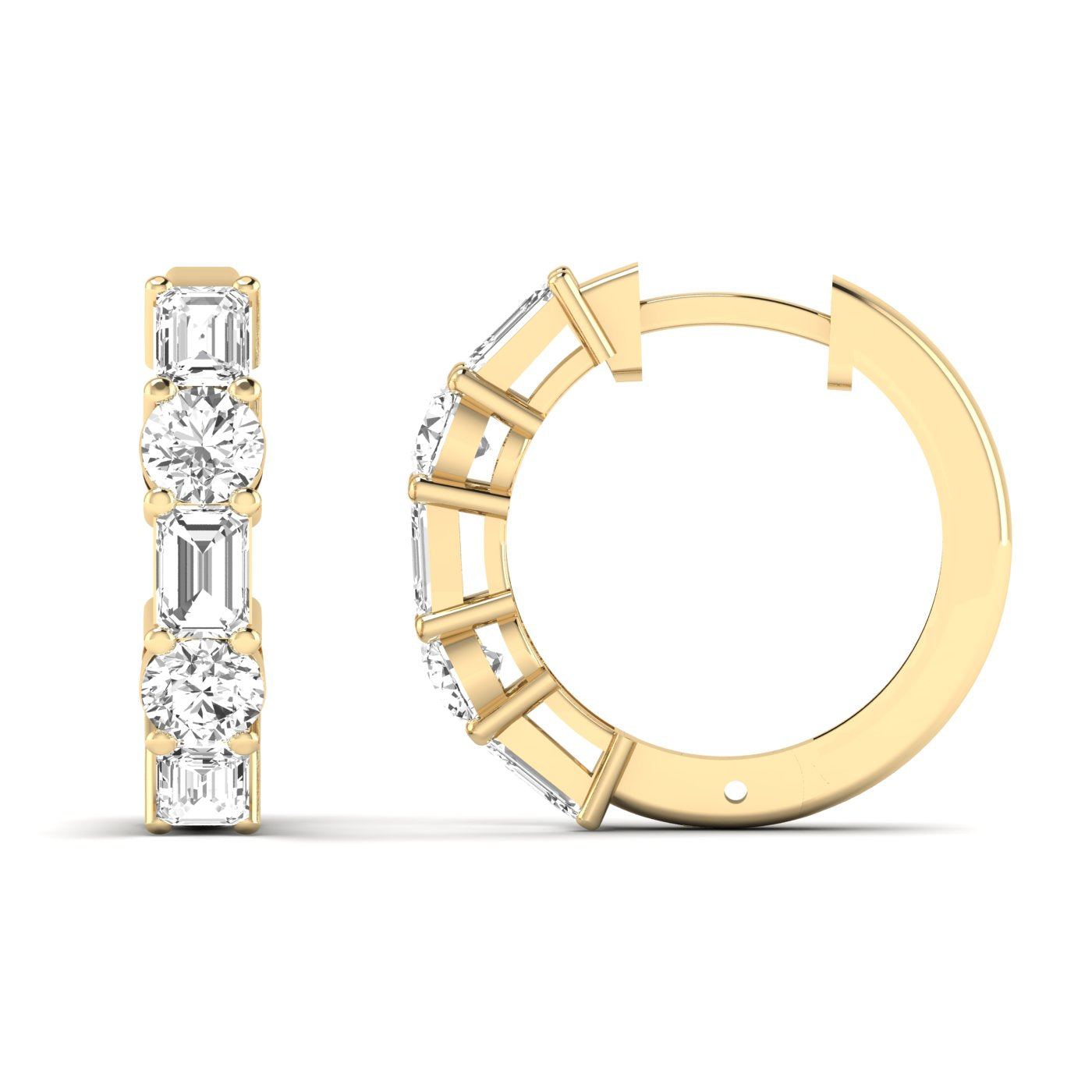 Stylish emerald cut and round shared prong hoop earrings featuring a stunning combination of emerald-cut and round diamonds, set in a sleek prong setting | Yellow Gold | Front + Side View