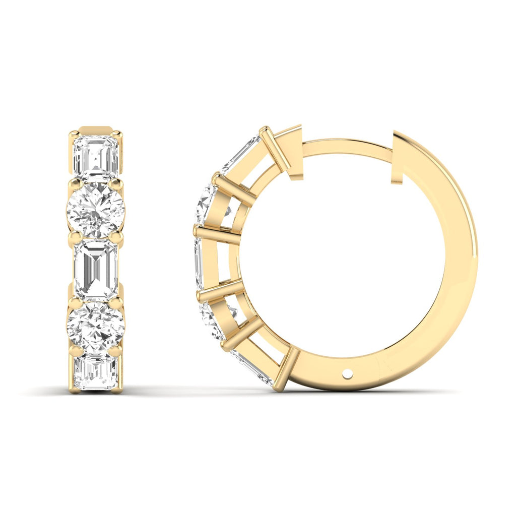 Stylish emerald cut and round shared prong hoop earrings featuring a stunning combination of emerald-cut and round diamonds, set in a sleek prong setting | Yellow Gold | Front + Side View