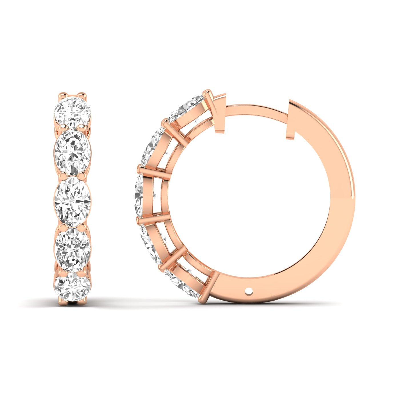 Elegant oval shared prong diamond hoop earrings featuring radiant oval diamonds set securely in a sleek prong design, offering a timeless and sophisticated look | Rose Gold | Front + Side View