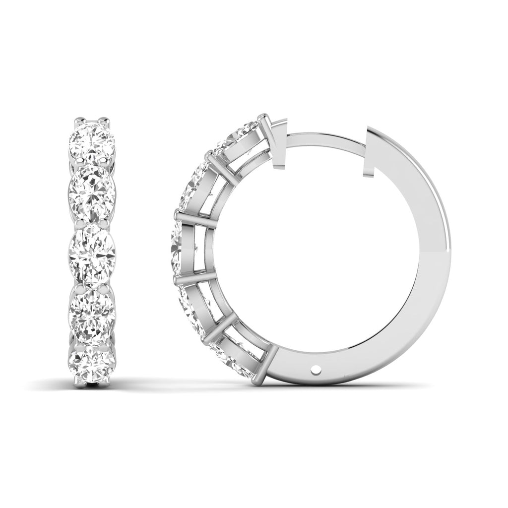 Elegant oval shared prong diamond hoop earrings featuring radiant oval diamonds set securely in a sleek prong design, offering a timeless and sophisticated look | White Gold | Front + Side View