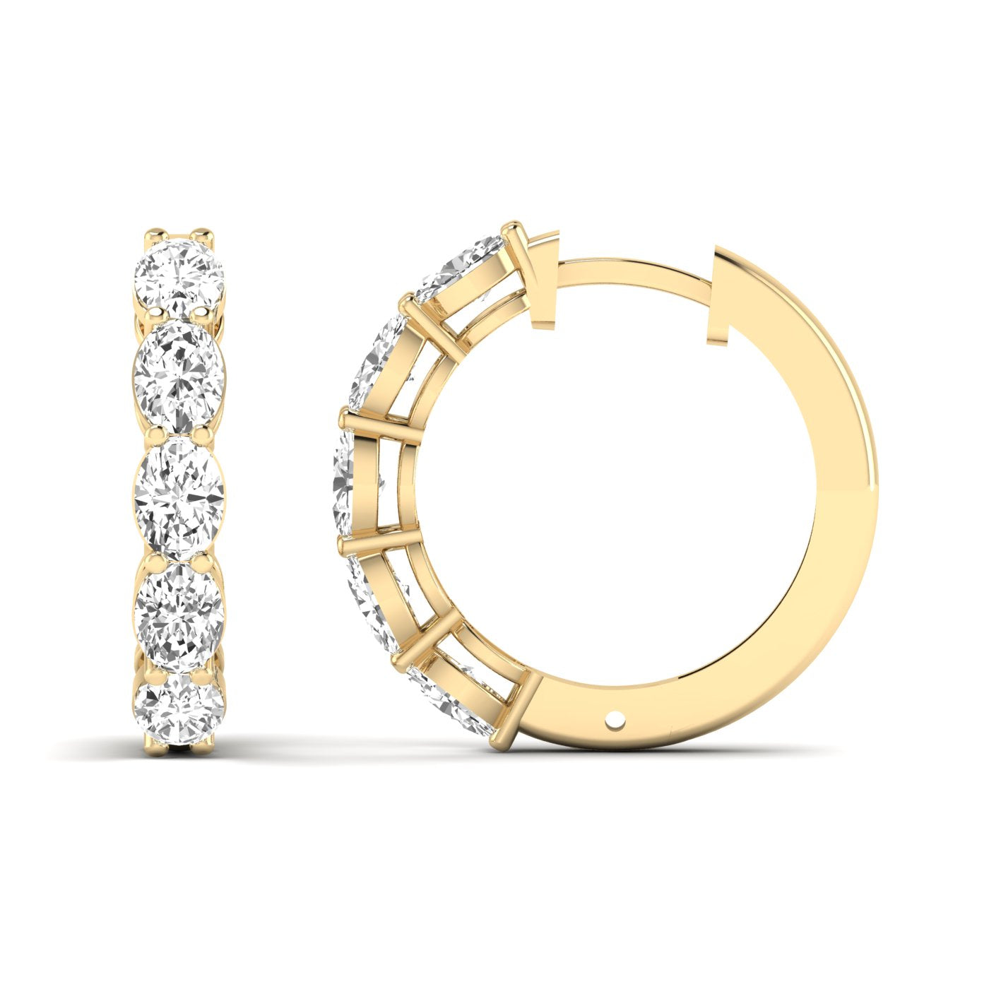 Elegant oval shared prong diamond hoop earrings featuring radiant oval diamonds set securely in a sleek prong design, offering a timeless and sophisticated look | Yellow Gold | Front + Side View