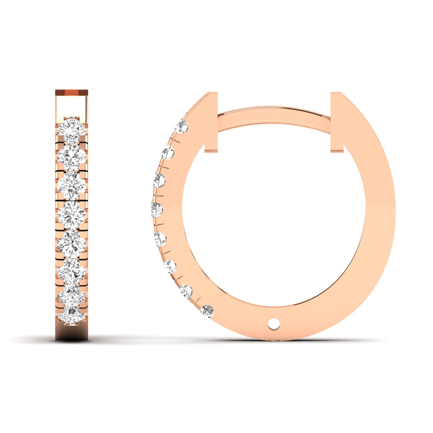 Stunning round diamond pave hoop earrings featuring a full circle of sparkling round diamonds set in a sleek metal frame, offering a glamorous and elegant look | Rose Gold | Front + Side View