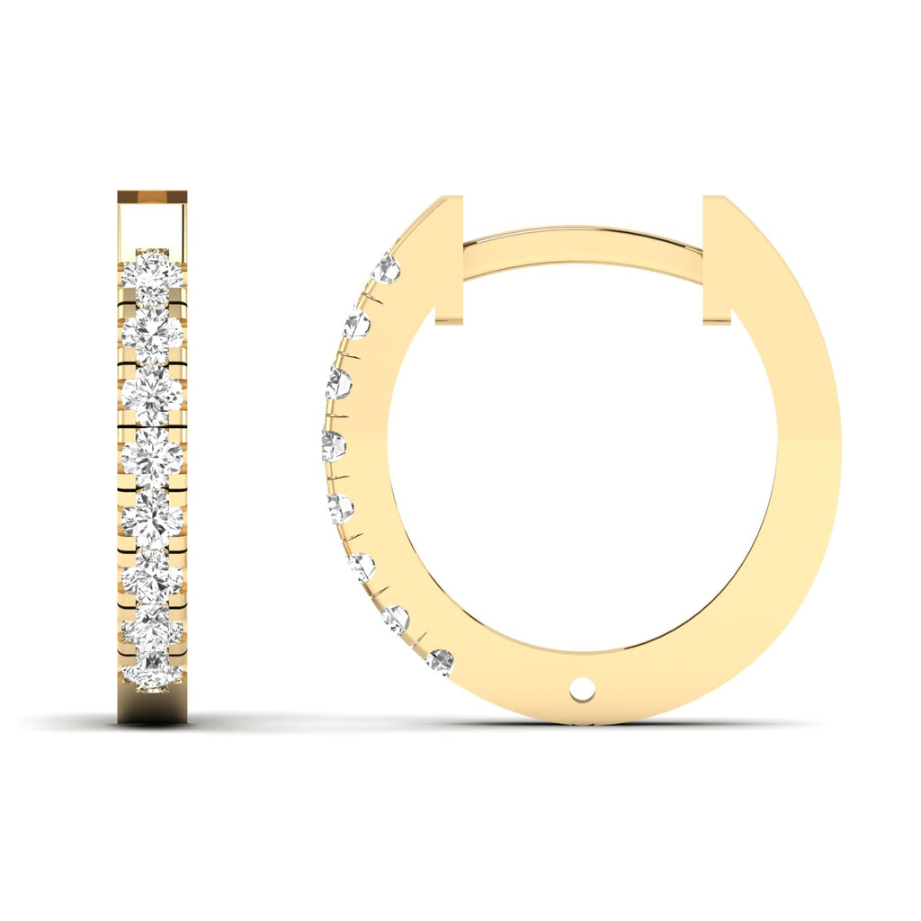 Stunning round diamond pave hoop earrings featuring a full circle of sparkling round diamonds set in a sleek metal frame, offering a glamorous and elegant look | Yellow Gold | Front + Side View