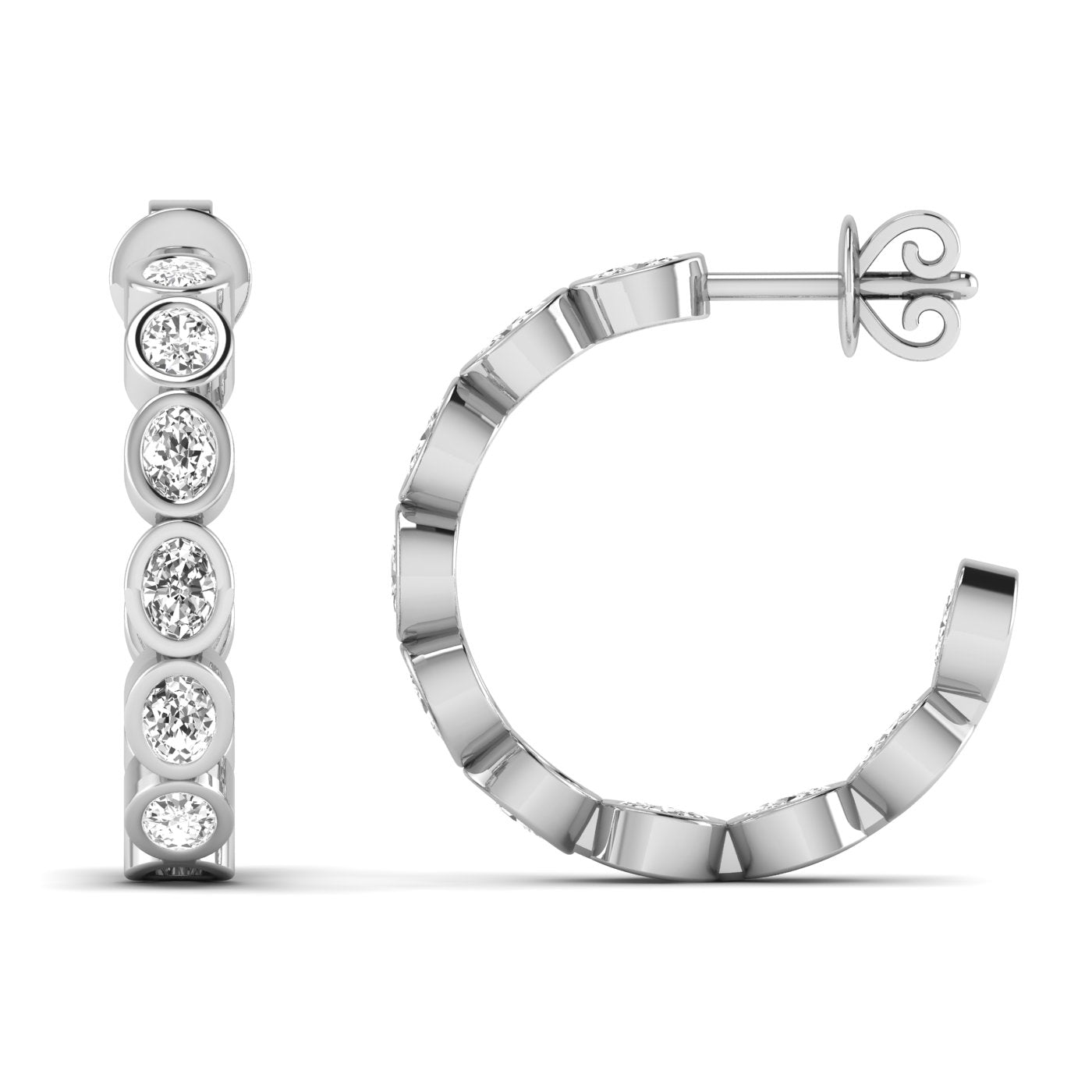 Elegant oval bezel diamond hoop earrings featuring radiant oval diamonds set in sleek bezel settings, offering a modern and sophisticated look | White Gold | Front + Side View