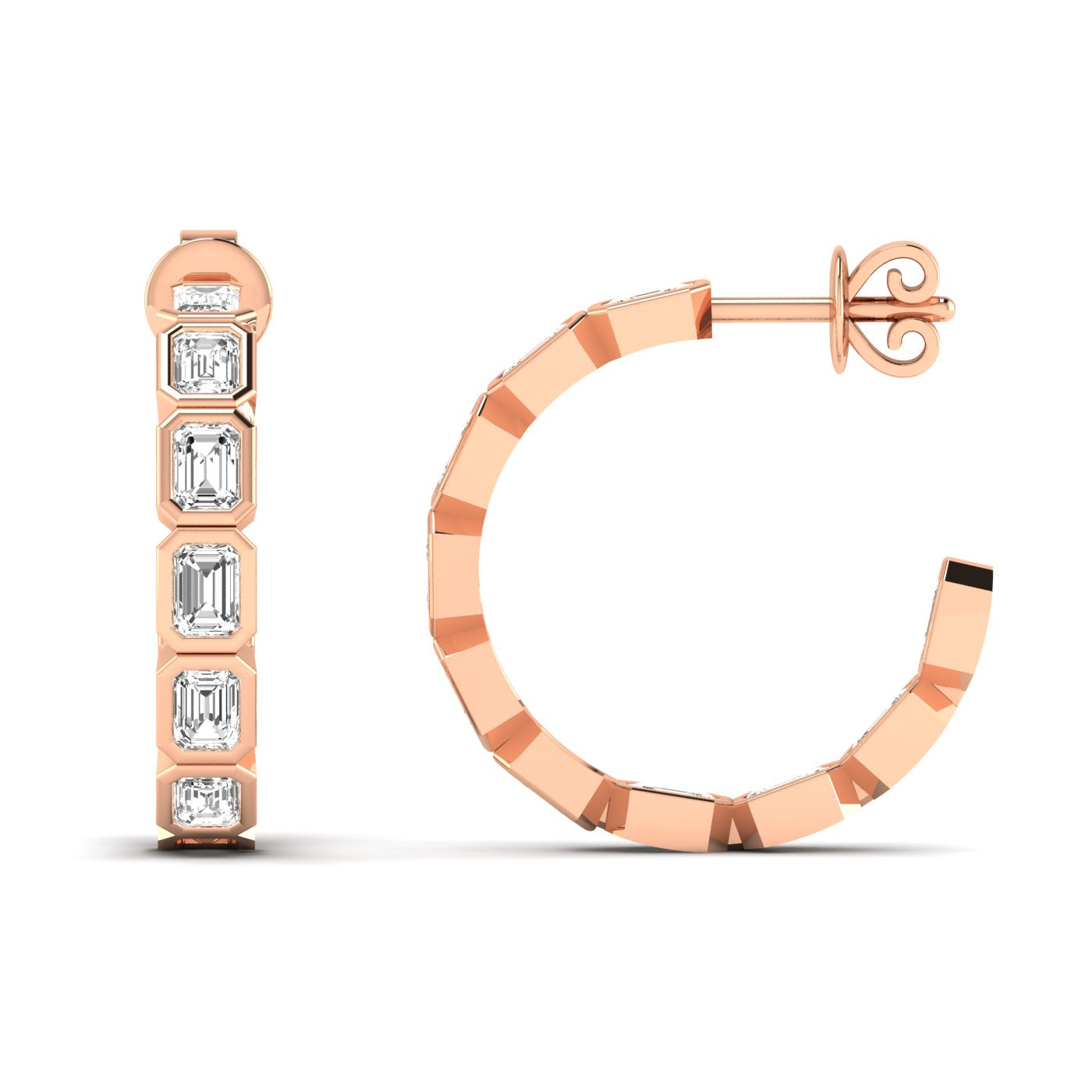 Elegant emerald cut bezel diamond hoop earrings featuring stunning emerald-cut diamonds set in sleek bezel settings, offering a modern and sophisticated design | Rose Gold | Front + Side View