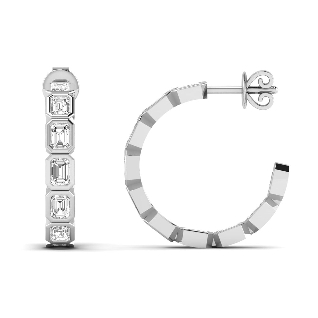 Elegant emerald cut bezel diamond hoop earrings featuring stunning emerald-cut diamonds set in sleek bezel settings, offering a modern and sophisticated design | White Gold | Front + Side View