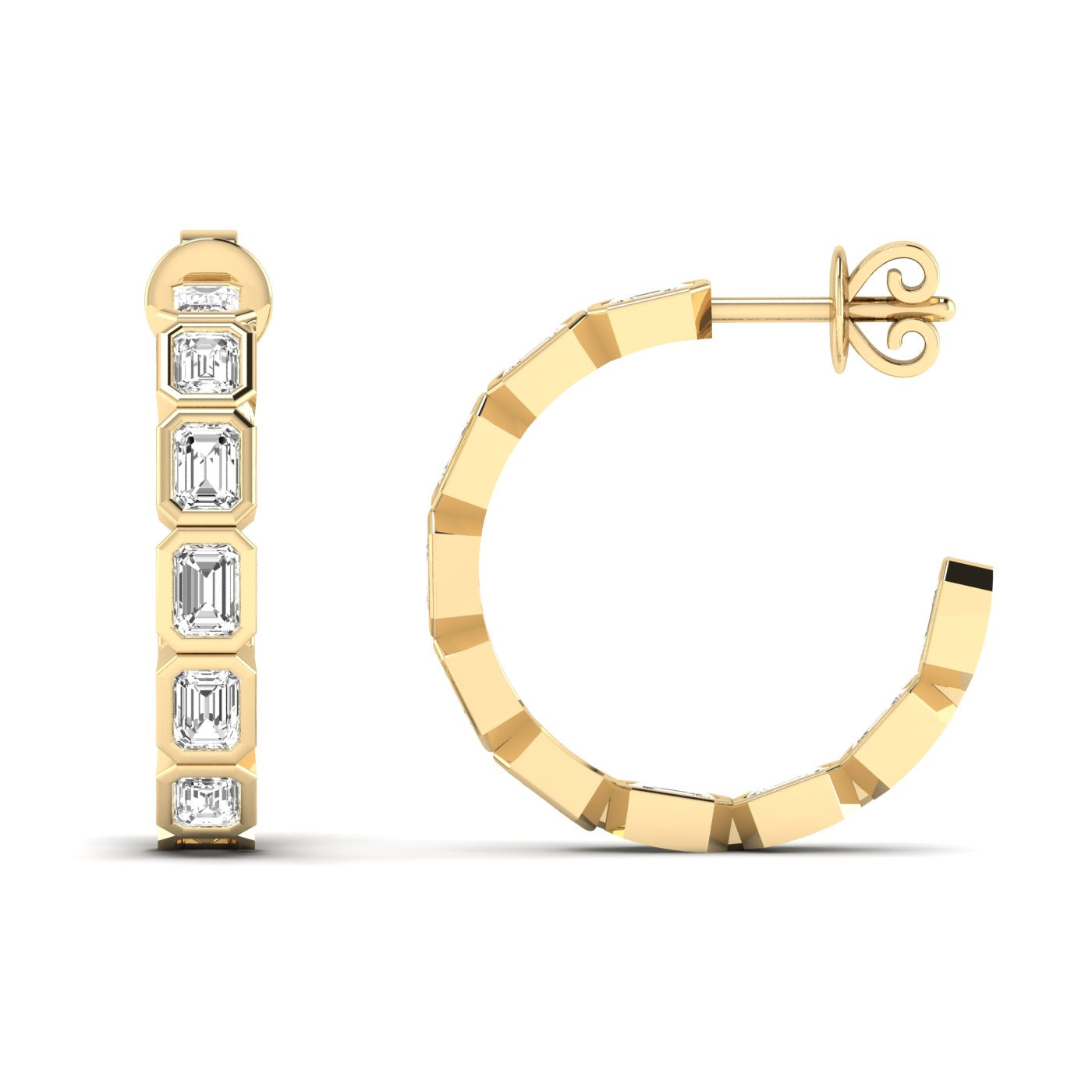 Elegant emerald cut bezel diamond hoop earrings featuring stunning emerald-cut diamonds set in sleek bezel settings, offering a modern and sophisticated design | Yellow Gold | Front + Side View