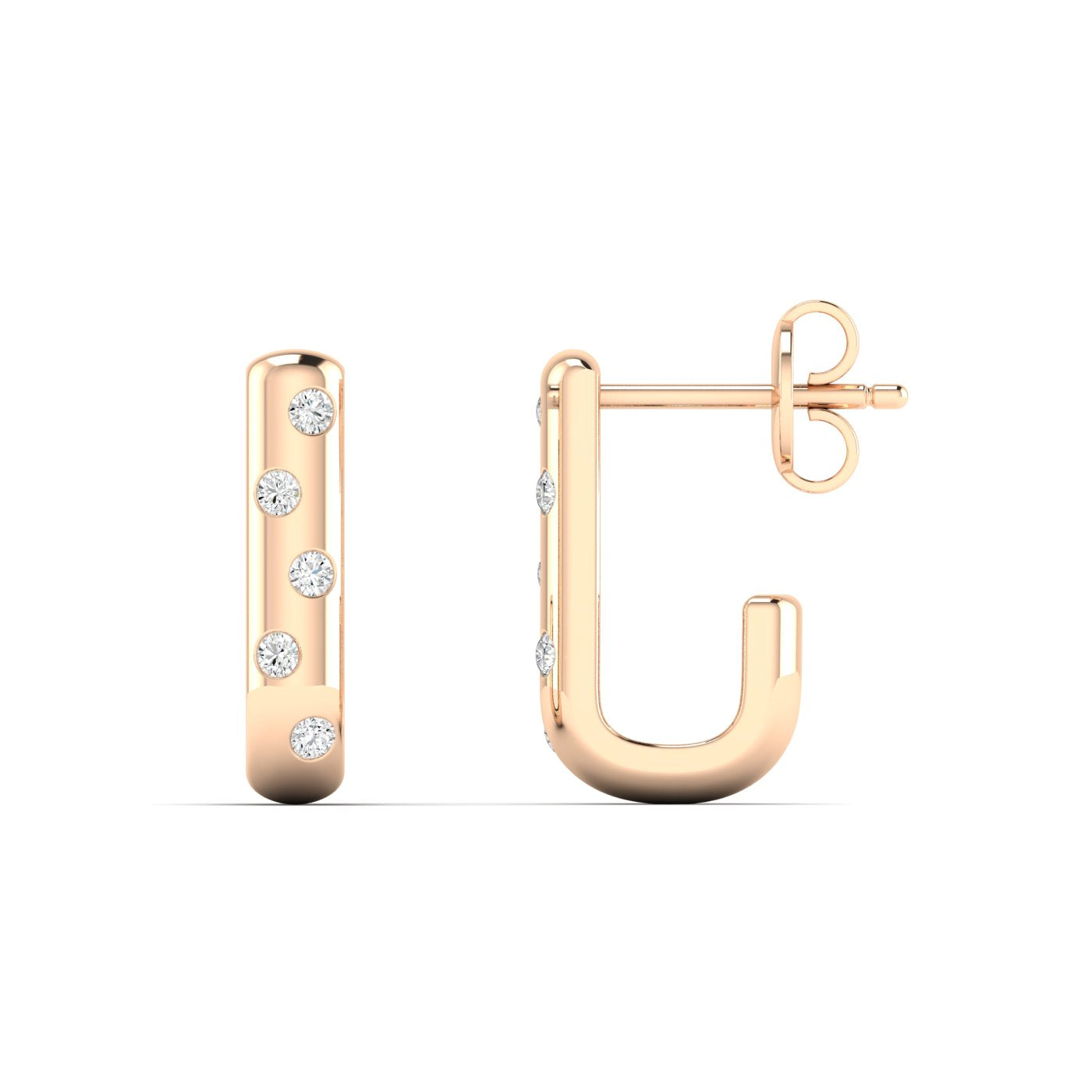 Chic Modern Scattered Diamond Hoops Earrings featuring a unique design with diamonds scattered across the hoop, offering a contemporary and elegant sparkle | Rose Gold | Front + Side View