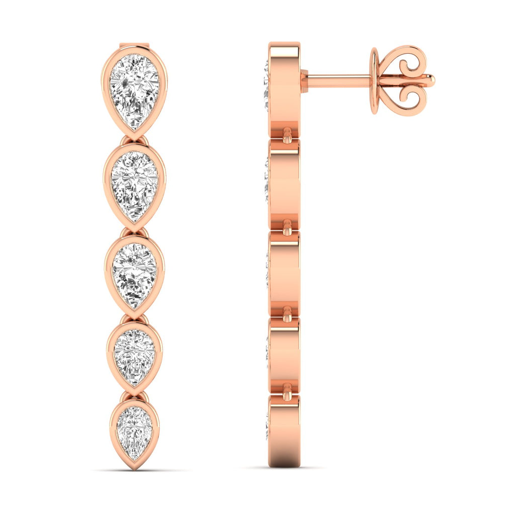 Elegant inverted pear bezel diamond dangle earrings featuring inverted pear-shaped diamonds in sleek bezel settings for a modern, sophisticated look | Rose Gold | Front + Side View