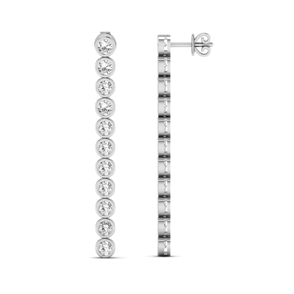 Elegant linear bezel dangle earrings featuring diamonds set in sleek bezel settings, designed for a modern and sophisticated look | White Gold | Front + Side View