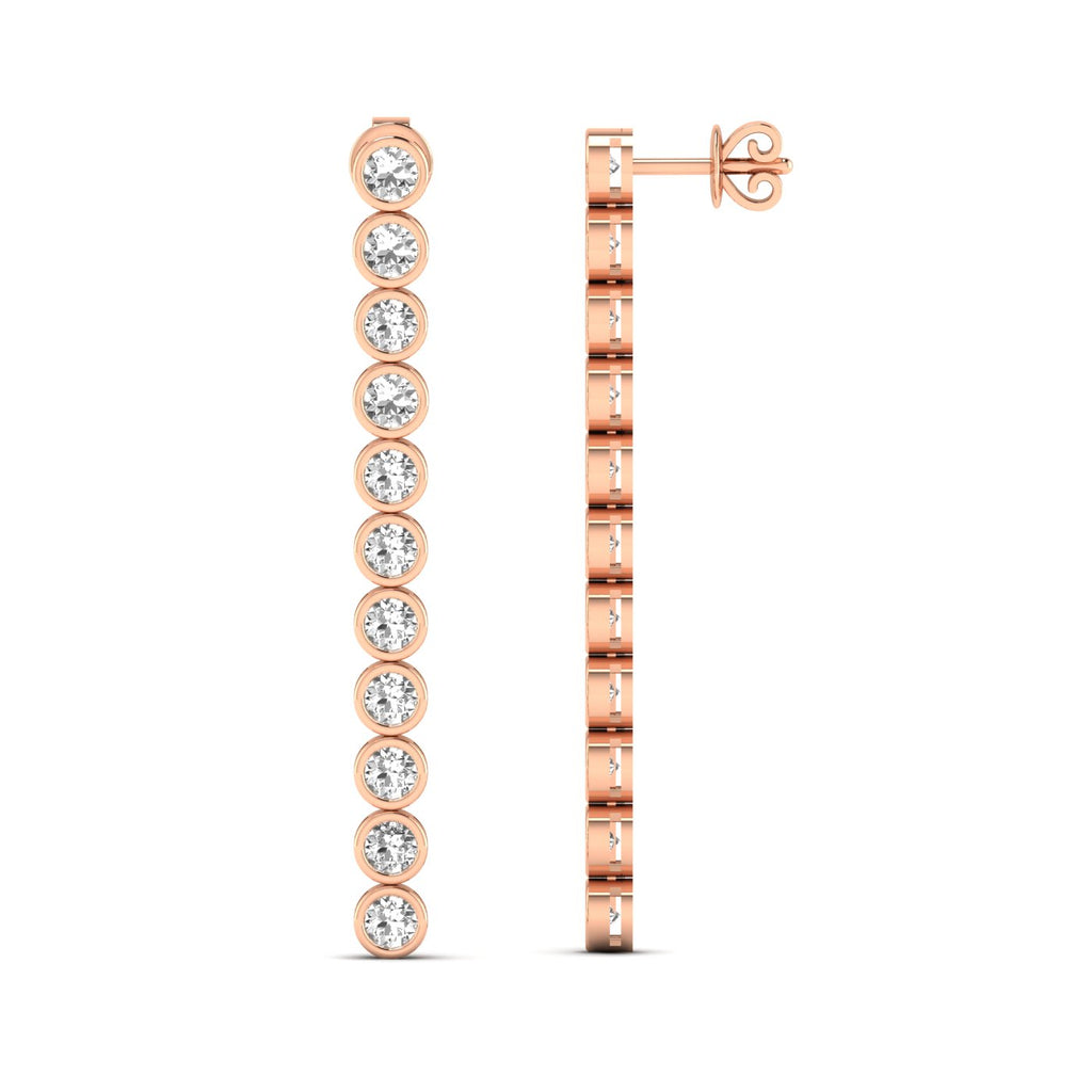 Elegant linear bezel dangle earrings featuring diamonds set in sleek bezel settings, designed for a modern and sophisticated look | Rose Gold | Front + Side View