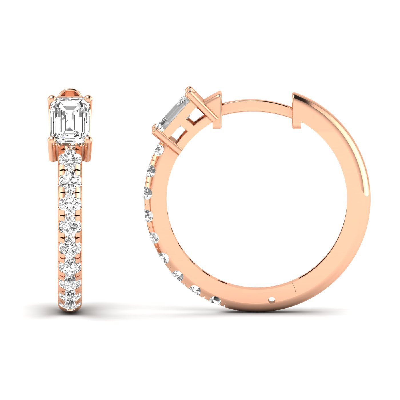 Stunning Emerald Cut and Round Hoops Diamond Earrings featuring a mix of emerald-cut and round diamonds set in a sleek hoop design for a sophisticated look | Rose Gold | Front + Side View