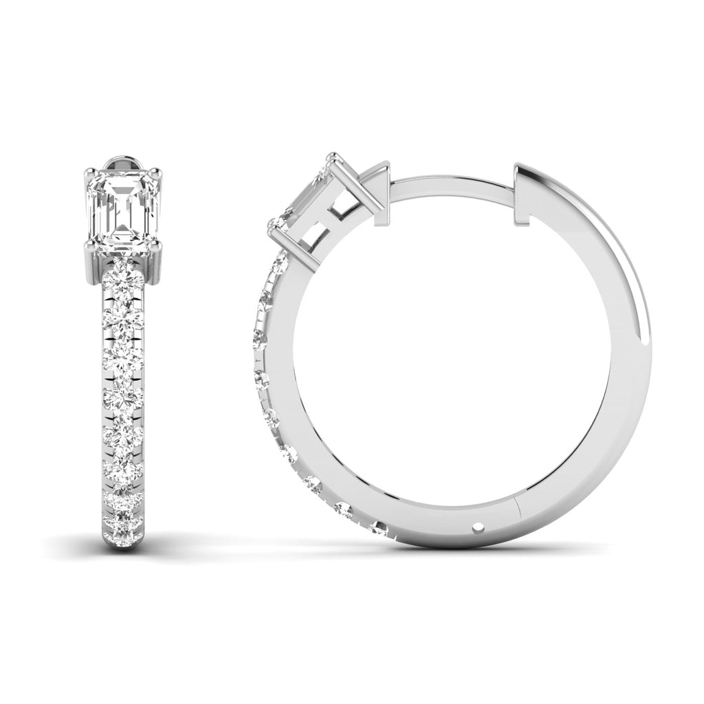 Stunning Emerald Cut and Round Hoops Diamond Earrings featuring a mix of emerald-cut and round diamonds set in a sleek hoop design for a sophisticated look | White Gold | Front + Side View