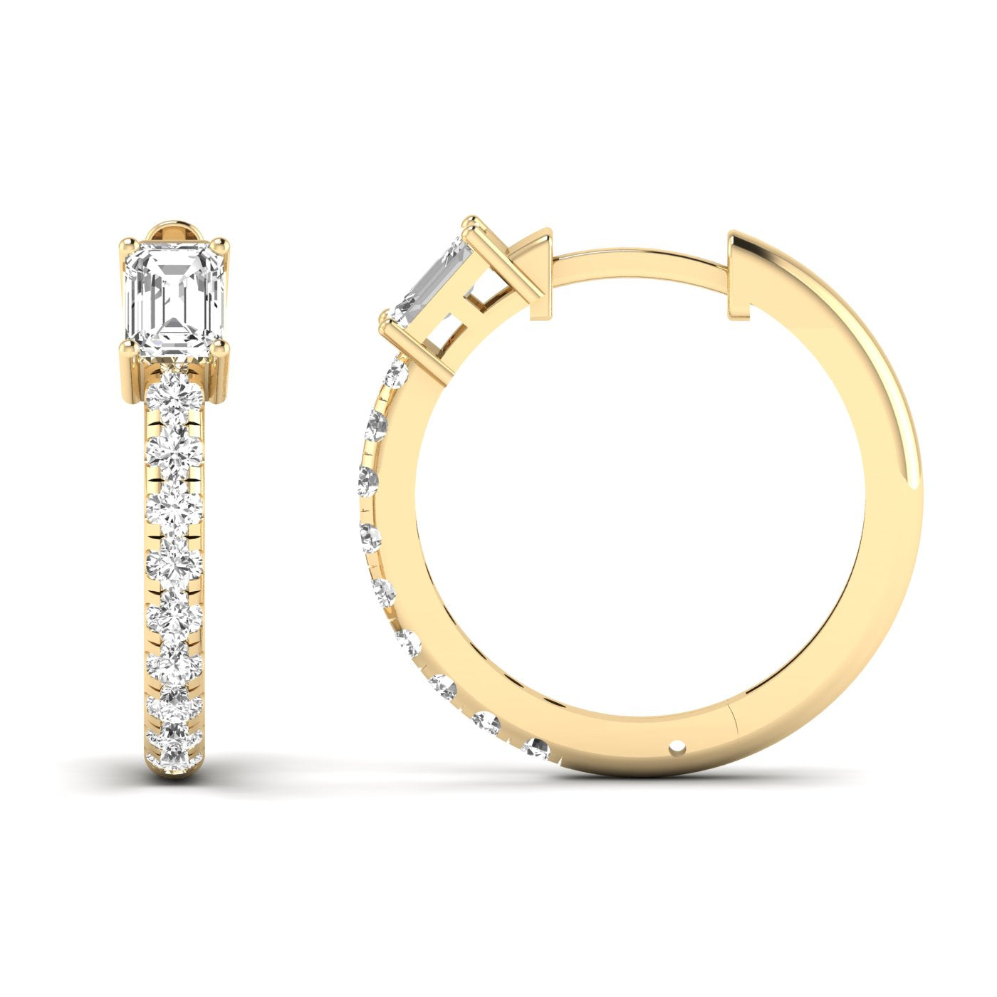 Stunning Emerald Cut and Round Hoops Diamond Earrings featuring a mix of emerald-cut and round diamonds set in a sleek hoop design for a sophisticated look | Yellow Gold | Front + Side View