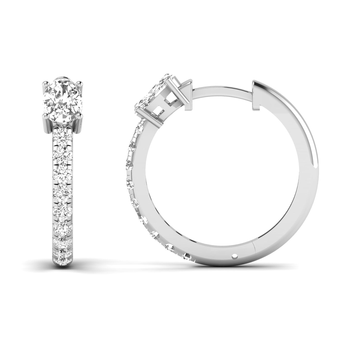 Elegant Oval and Round Hoops Diamond Earrings featuring a mix of oval and round diamonds set in a sleek hoop design, offering a modern and sophisticated look | White Gold | Front + Side View