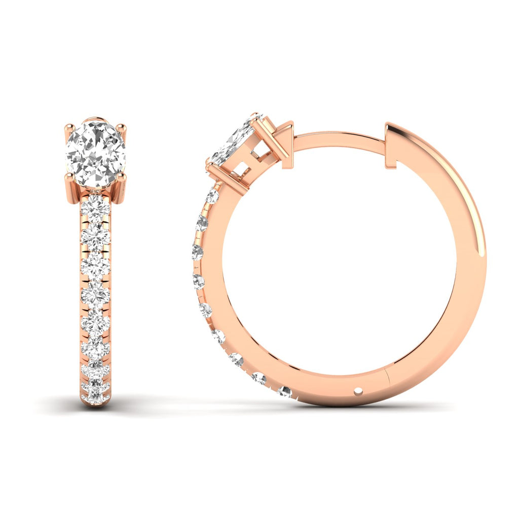 Elegant Oval and Round Hoops Diamond Earrings featuring a mix of oval and round diamonds set in a sleek hoop design, offering a modern and sophisticated look | Rose Gold | Front + Side View