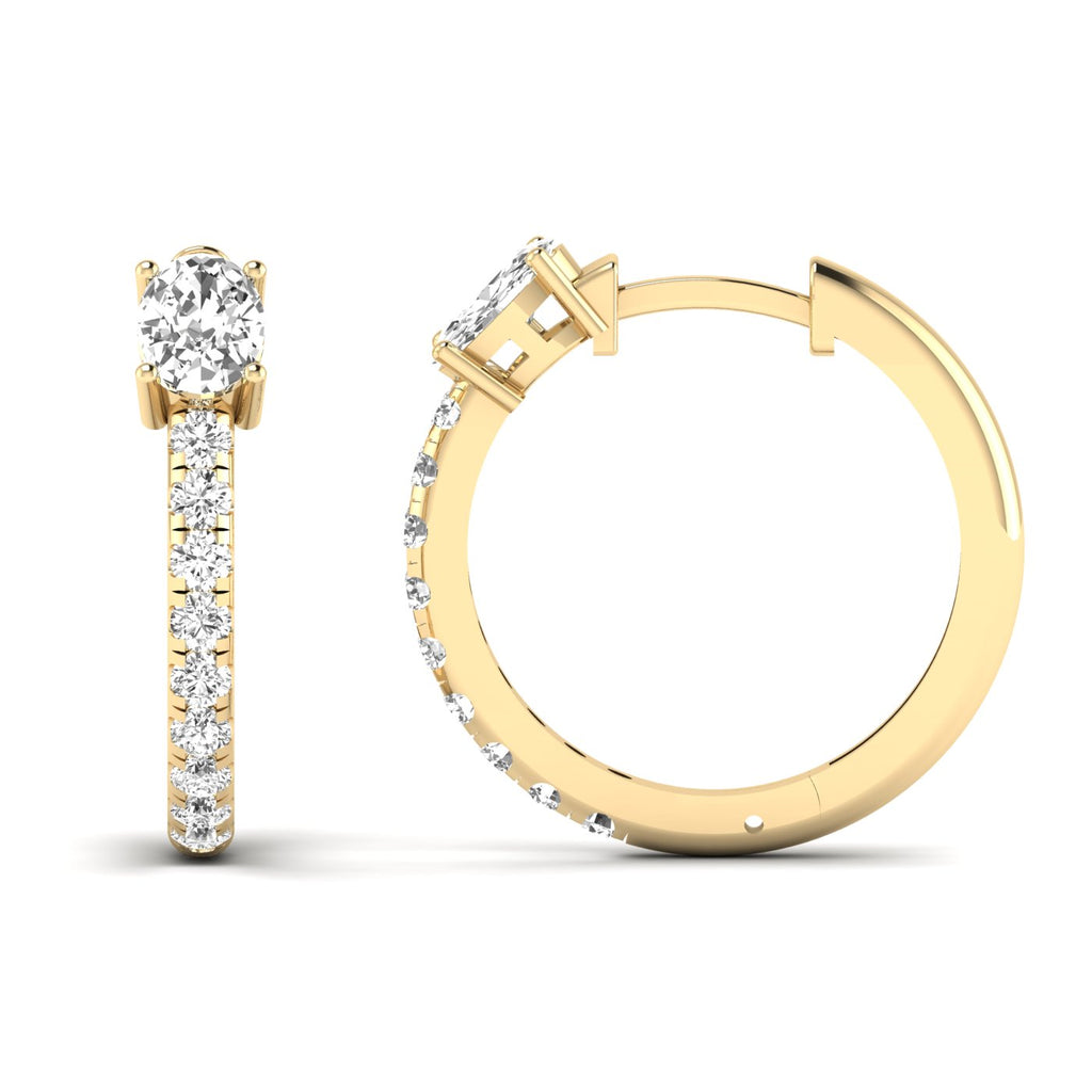 Elegant Oval and Round Hoops Diamond Earrings featuring a mix of oval and round diamonds set in a sleek hoop design, offering a modern and sophisticated look | Yellow Gold | Front + Side View