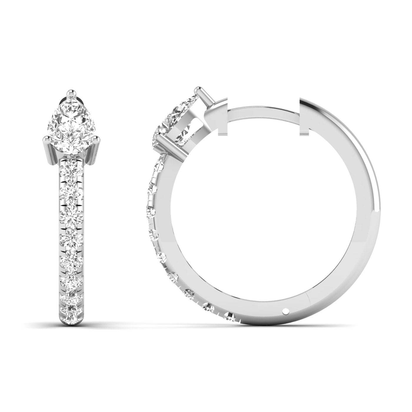 Elegant Pear Cut Luxe Hoops Diamond Earrings featuring stunning pear-shaped diamonds set in a sleek hoop design, offering a sophisticated and luxurious look | White Gold | Front + Side View