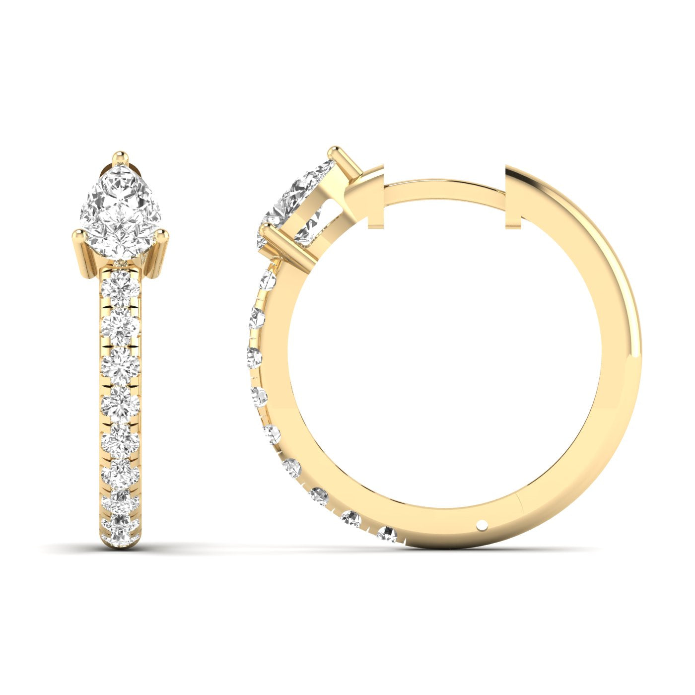 Elegant Pear Cut Luxe Hoops Diamond Earrings featuring stunning pear-shaped diamonds set in a sleek hoop design, offering a sophisticated and luxurious look | Yellow Gold | Front + Side View