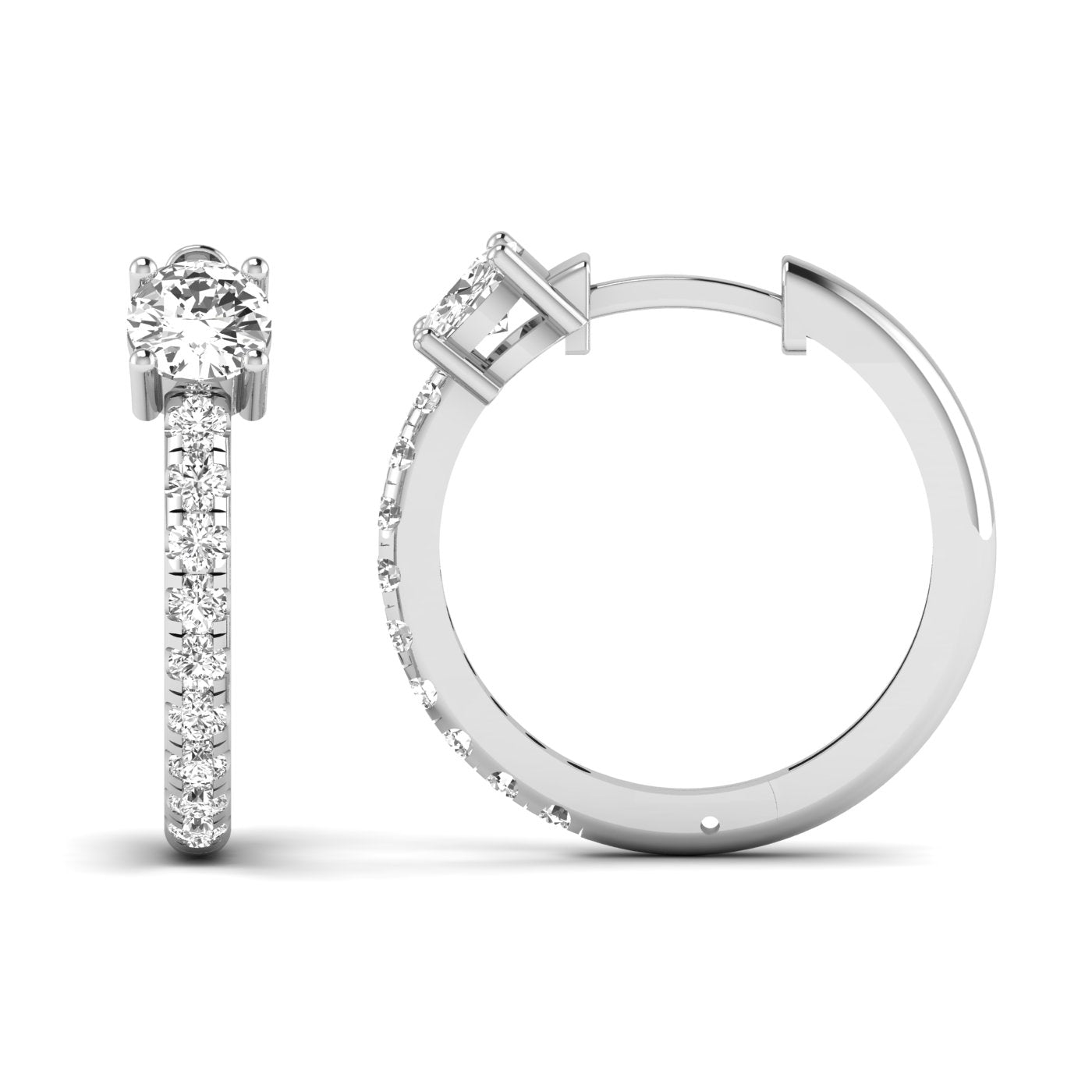 Unique Round Hoops Diamond Earrings featuring brilliant round diamonds set in a distinctive hoop design, offering a timeless and elegant look | White Gold | Front + Side View