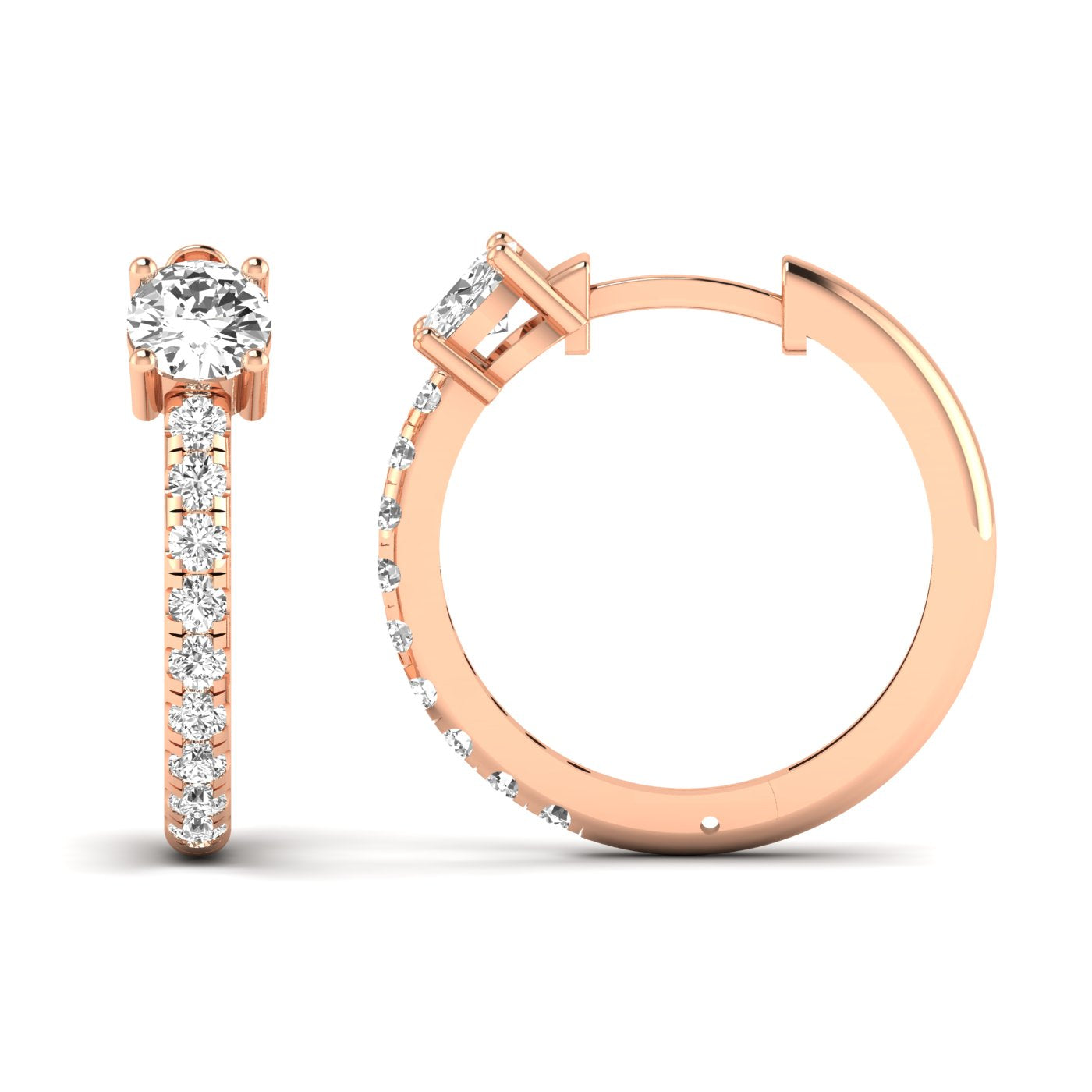 Unique Round Hoops Diamond Earrings featuring brilliant round diamonds set in a distinctive hoop design, offering a timeless and elegant look | Rose Gold | Front + Side View