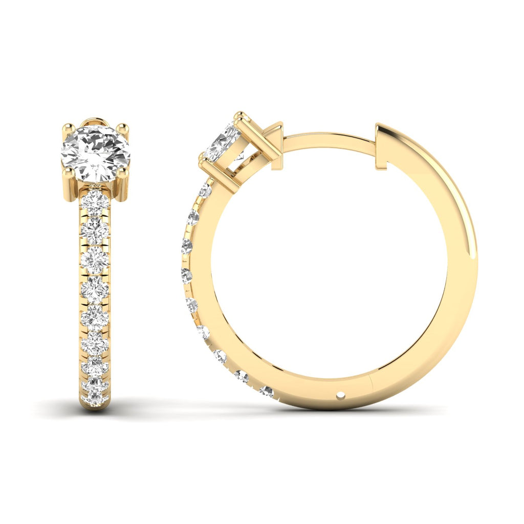 Unique Round Hoops Diamond Earrings featuring brilliant round diamonds set in a distinctive hoop design, offering a timeless and elegant look | Yellow Gold | Front + Side View