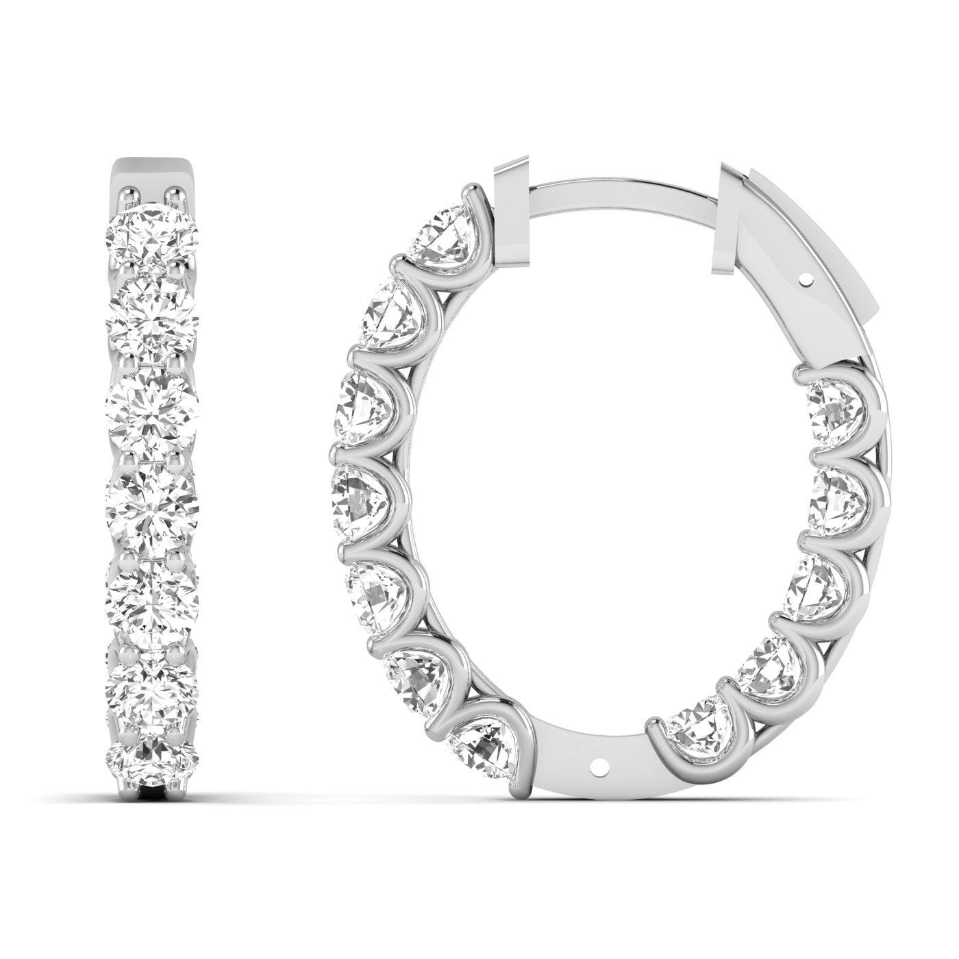 Stunning Elegant Shared Prong Diamond Hoop Earrings featuring brilliant diamonds set in a shared prong setting, offering a sophisticated and timeless design | White Gold | Front + Side View