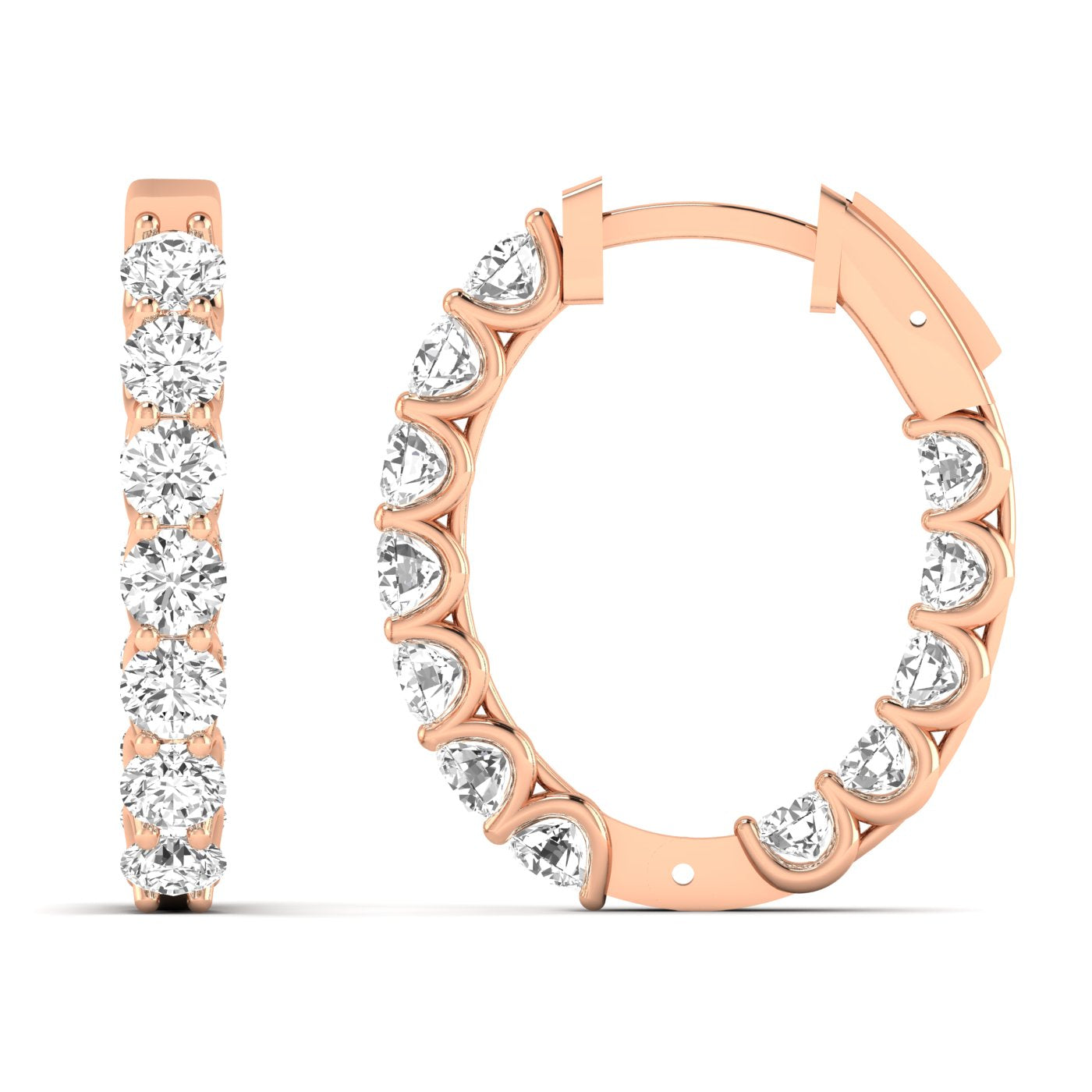 Stunning Elegant Shared Prong Diamond Hoop Earrings featuring brilliant diamonds set in a shared prong setting, offering a sophisticated and timeless design | Rose Gold | Front + Side View