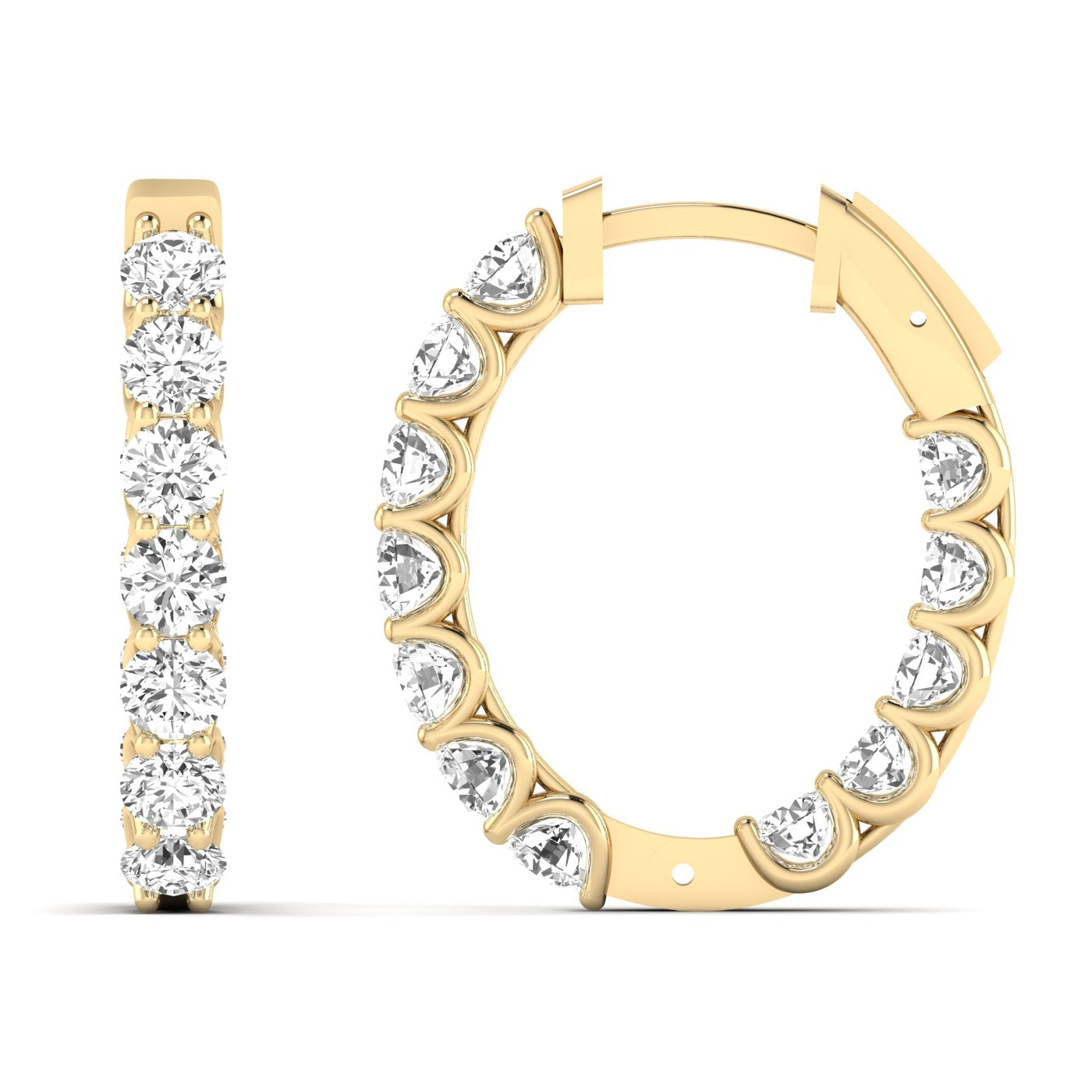 Stunning Elegant Shared Prong Diamond Hoop Earrings featuring brilliant diamonds set in a shared prong setting, offering a sophisticated and timeless design | Yellow Gold | Front + Side View