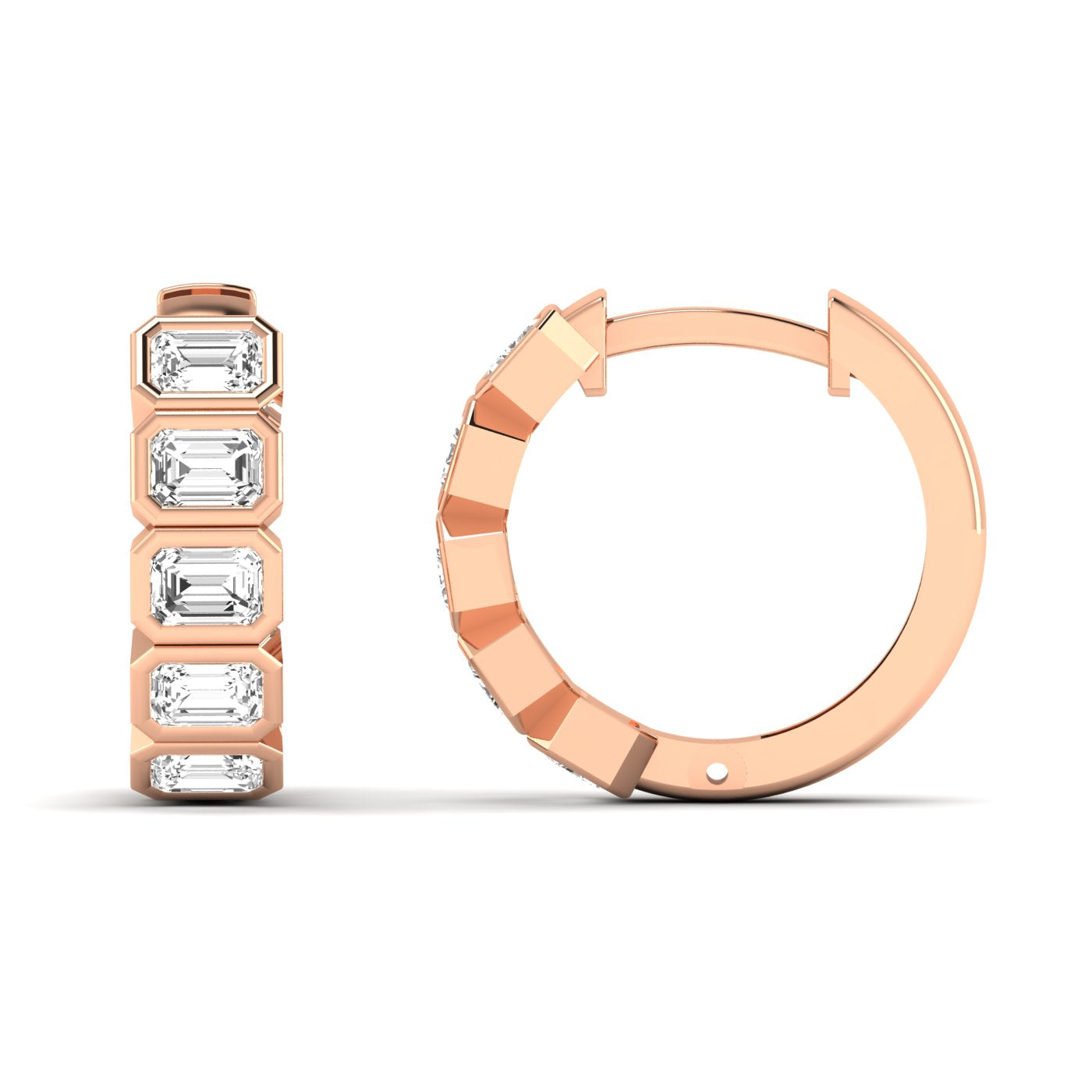 Elegant Emerald Cut Hoops Diamond Earrings featuring radiant emerald-cut diamonds set in a sleek hoop design, offering a timeless and sophisticated look | Rose Gold | Front + Side View