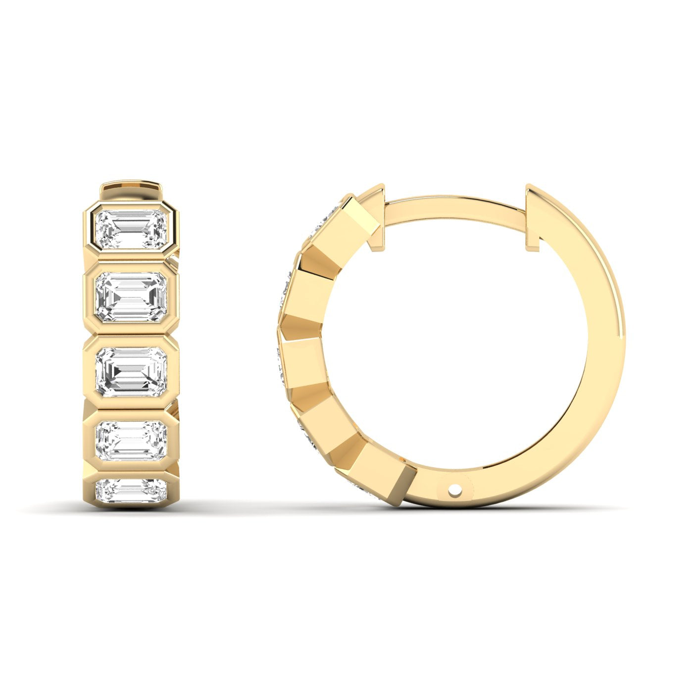 Elegant Emerald Cut Hoops Diamond Earrings featuring radiant emerald-cut diamonds set in a sleek hoop design, offering a timeless and sophisticated look | Yellow Gold | Front + Side View