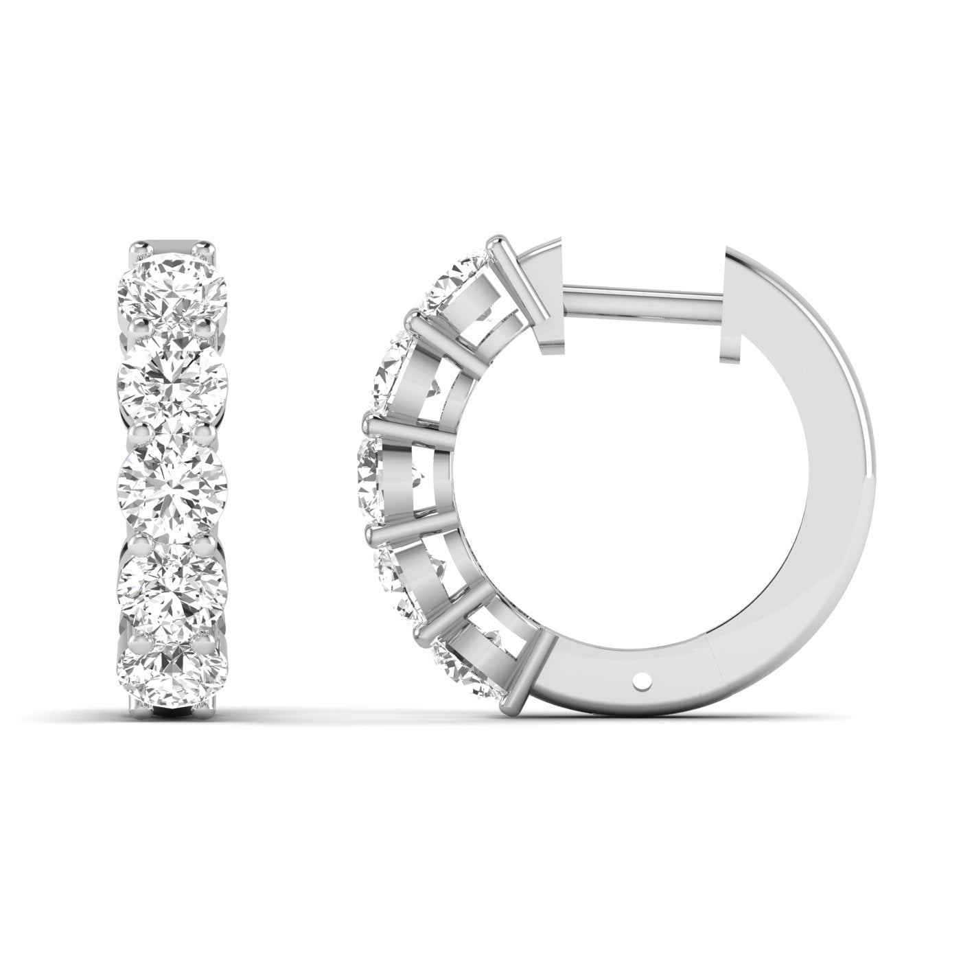 Luxurious round shared prong diamond hoop earrings featuring brilliant round diamonds set in a shared prong design, offering a sophisticated and timeless look | White Gold | Front + Side View