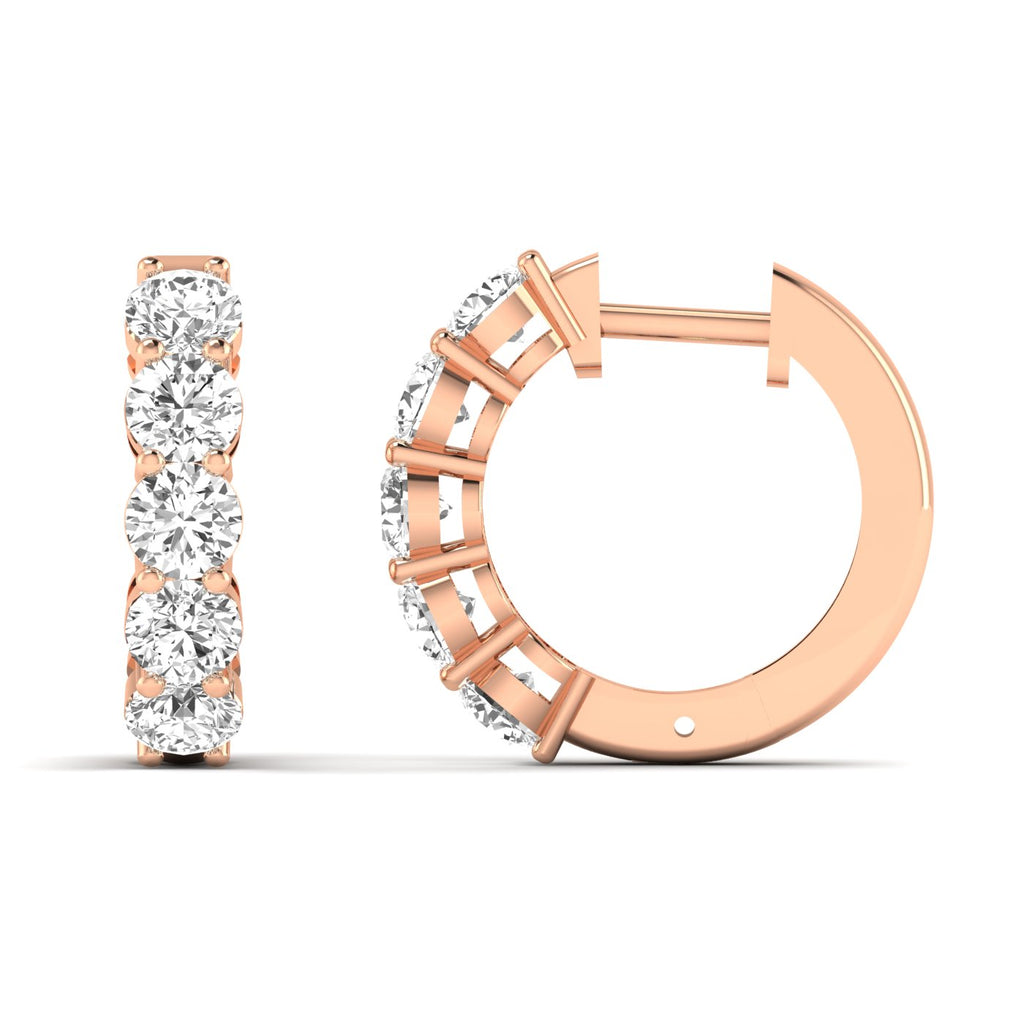 Luxurious round shared prong diamond hoop earrings featuring brilliant round diamonds set in a shared prong design, offering a sophisticated and timeless look | Rose Gold | Front + Side View