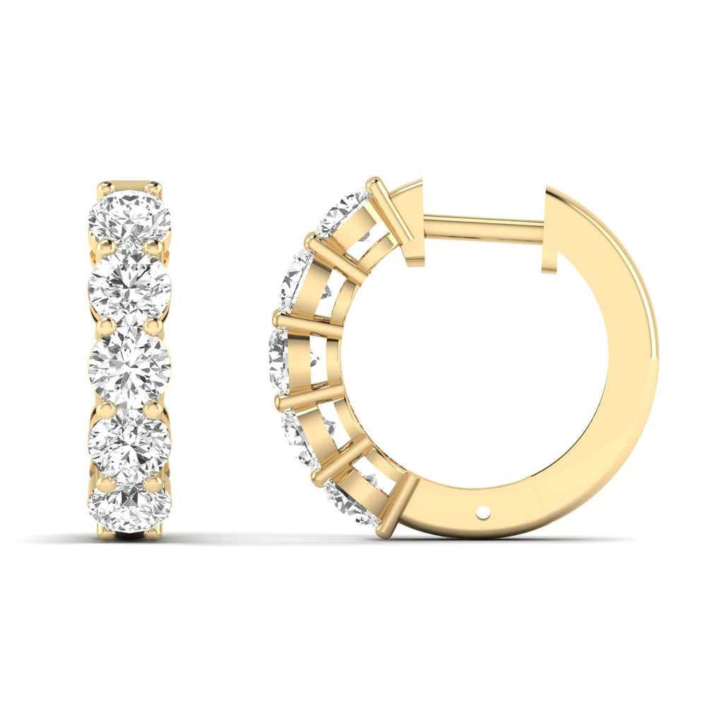 Luxurious round shared prong diamond hoop earrings featuring brilliant round diamonds set in a shared prong design, offering a sophisticated and timeless look | Yellow Gold | Front + Side View