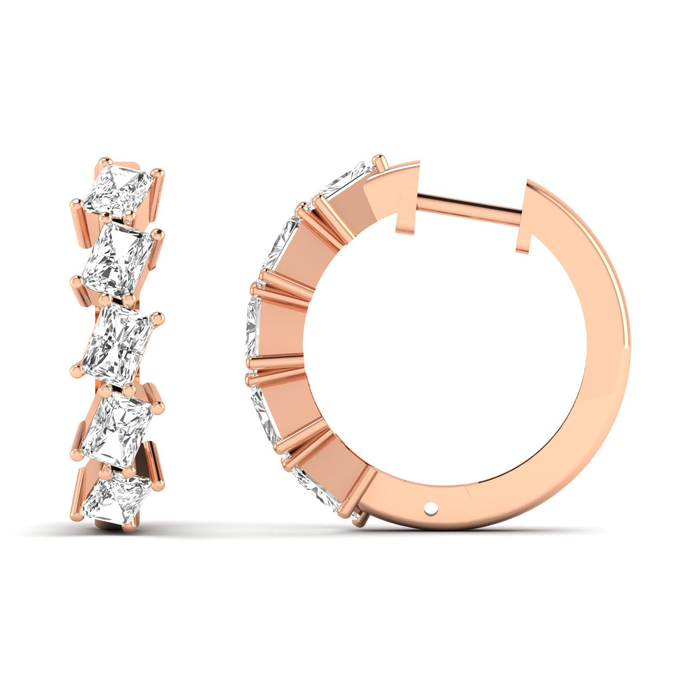 Elegant Princess Sparkle Hoops Diamond Earrings featuring sparkling diamonds set in a sleek hoop design, offering a radiant and sophisticated look | Rose Gold | Front + Side View