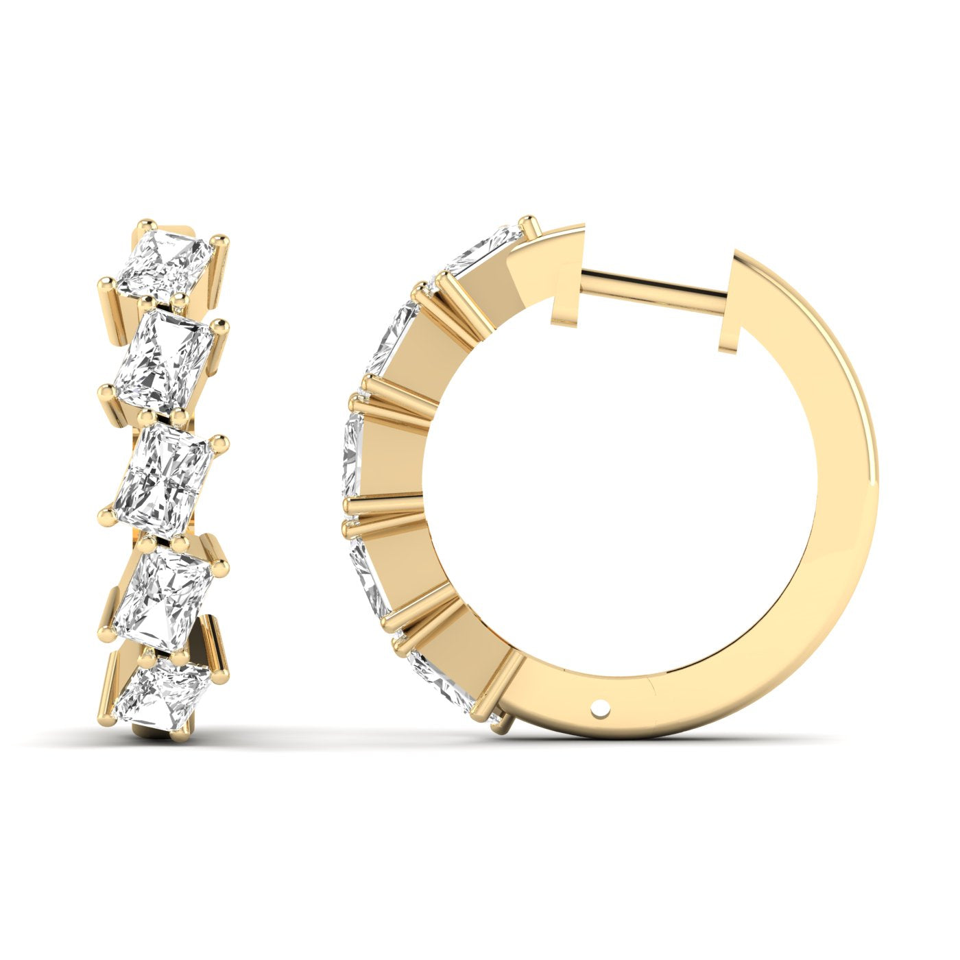 Elegant Princess Sparkle Hoops Diamond Earrings featuring sparkling diamonds set in a sleek hoop design, offering a radiant and sophisticated look | Yellow Gold | Front + Side View