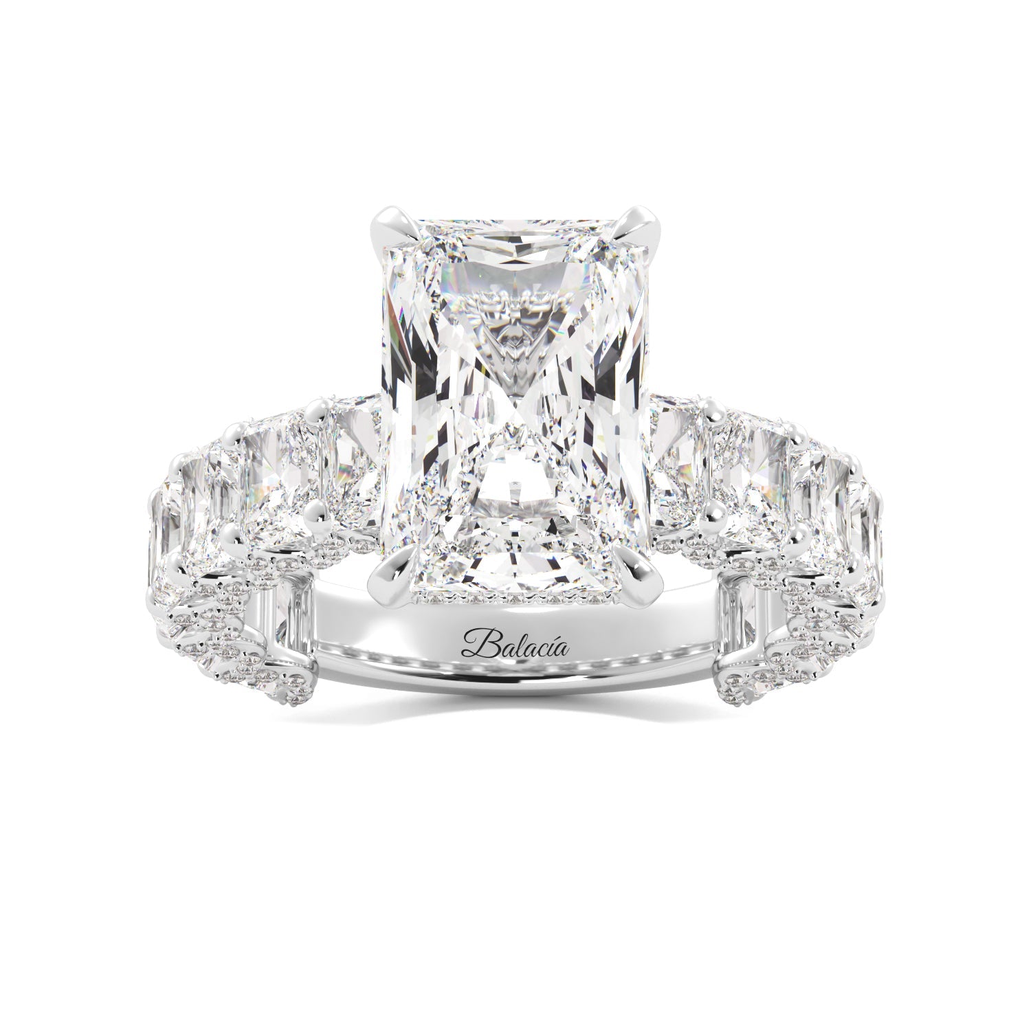 Iced Out Radiant Cut White Gold Diamond Engagement Ring with Radiant Cut Side Diamonds