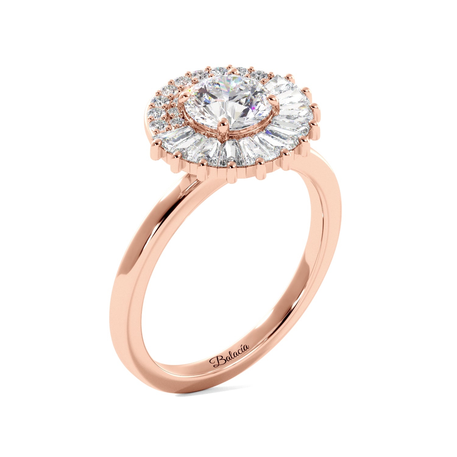 Round Cut Tapered Baguette Halo Engagement Ring