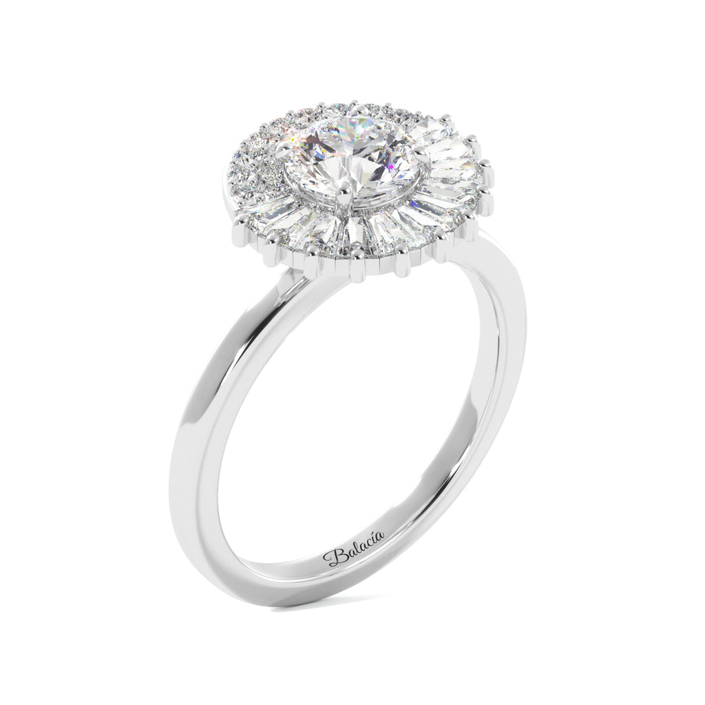 Round Tapered Baguette Halo Solitaire Diamond Engagement Ring