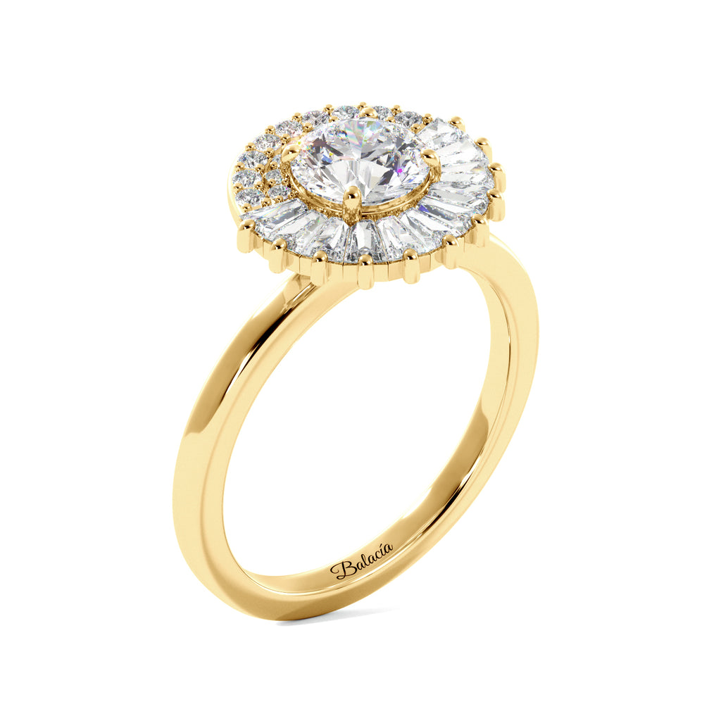 Round Tapered Baguette Halo Solitaire Diamond Engagement Ring